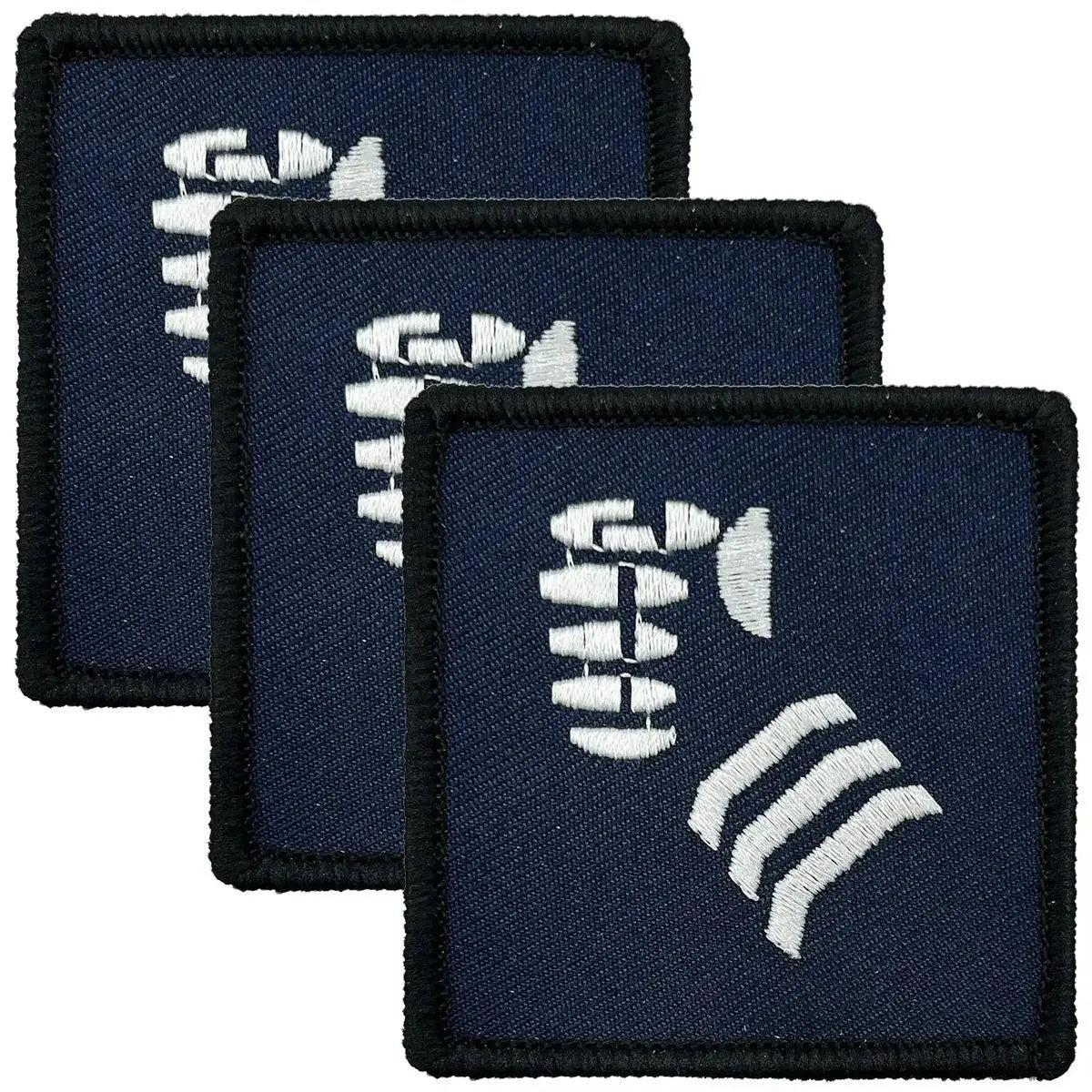 Set of three navy blue 20th Armoured Infantry Brigade TRF iron-on patches with white embroidered insignia, ideal for military apparel.