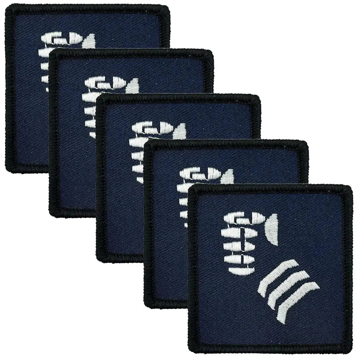 Pack of five navy blue 20th Armoured Infantry Brigade TRF iron-on patches with embroidered insignia, suitable for military uniforms.