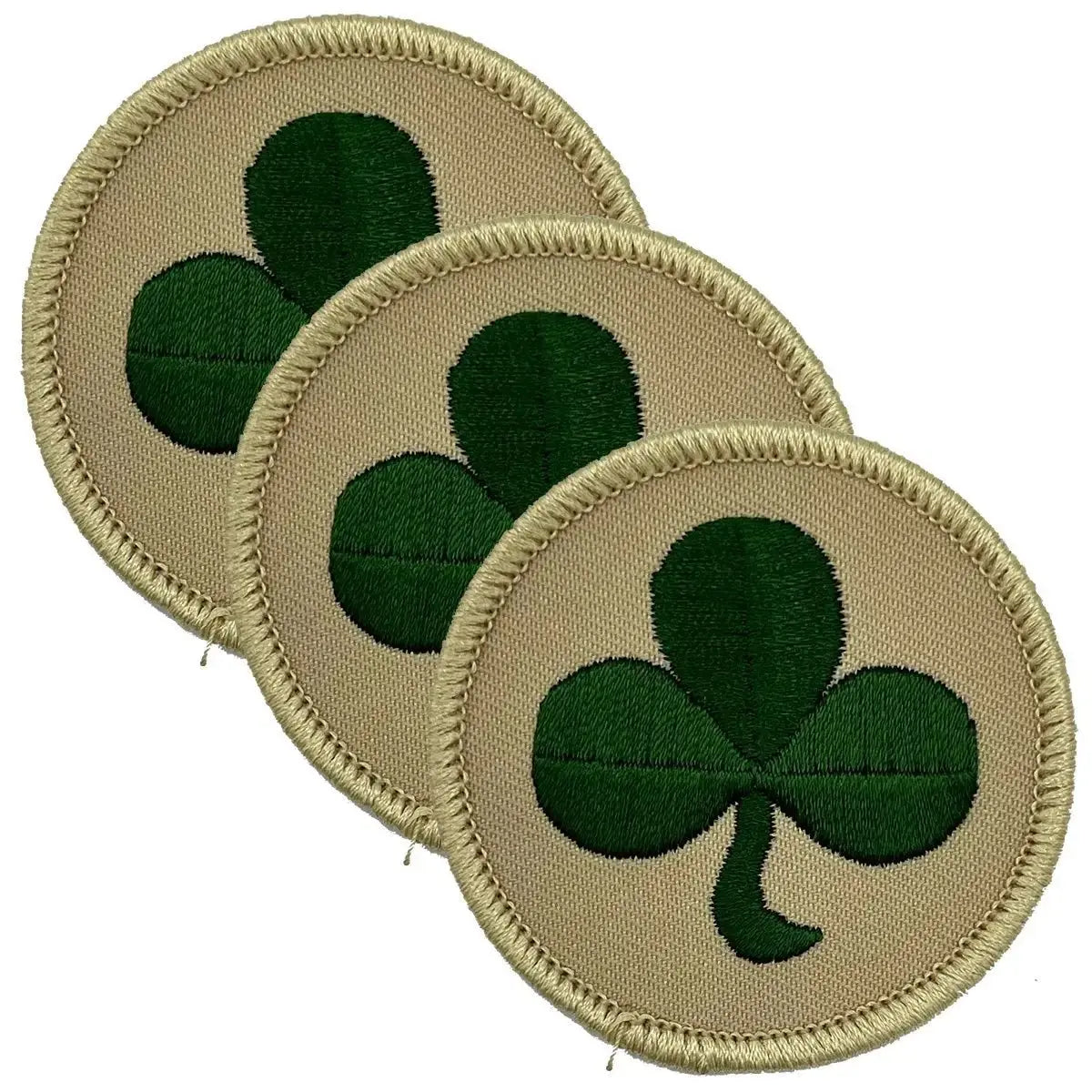Set of three 38th Irish Brigade TRF desert green shamrock patches with overlocked border, ideal for military uniforms or collectors.