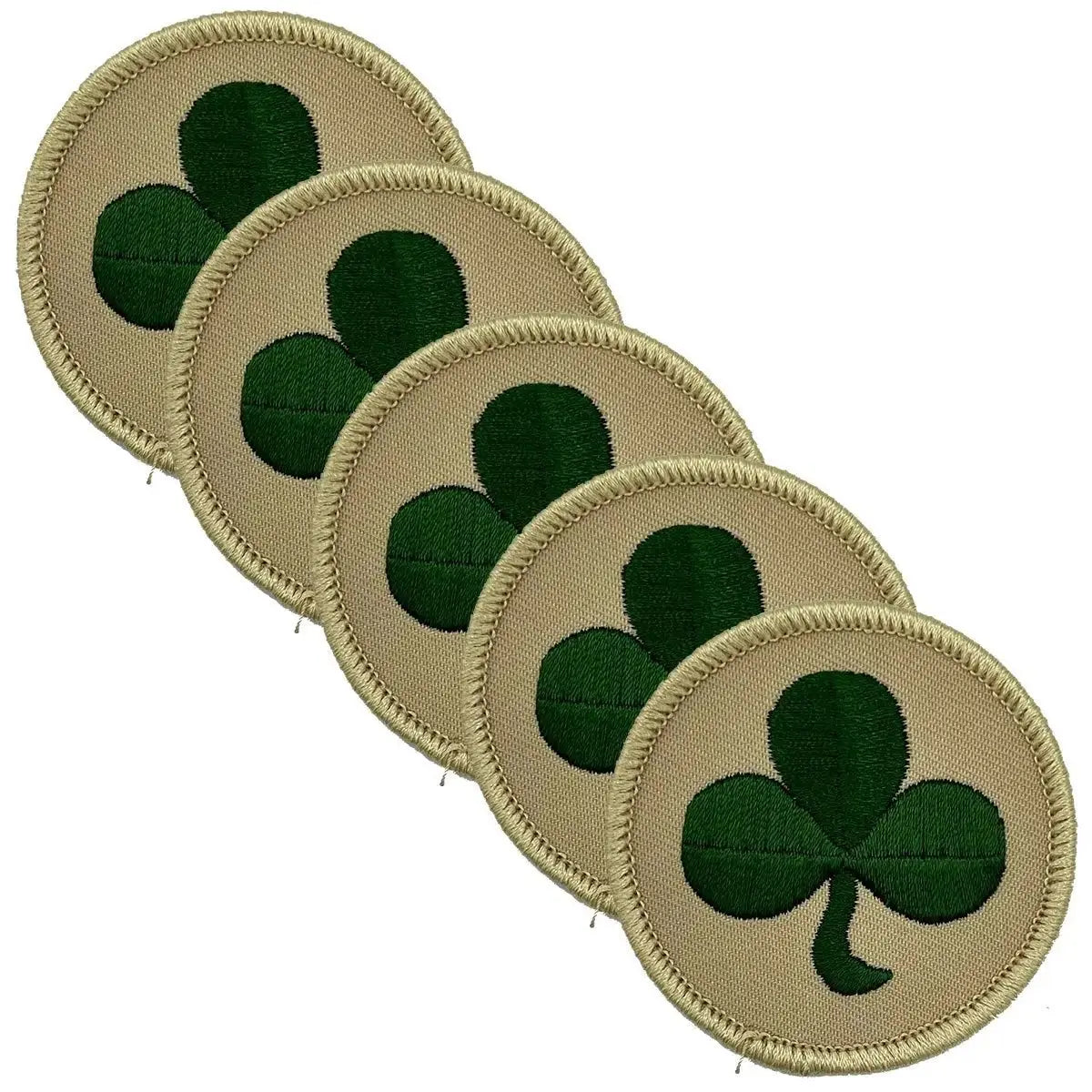 Pack of five 38th Irish Brigade TRF desert green shamrock patches, high-quality woven badges for military apparel or reenactment gear.