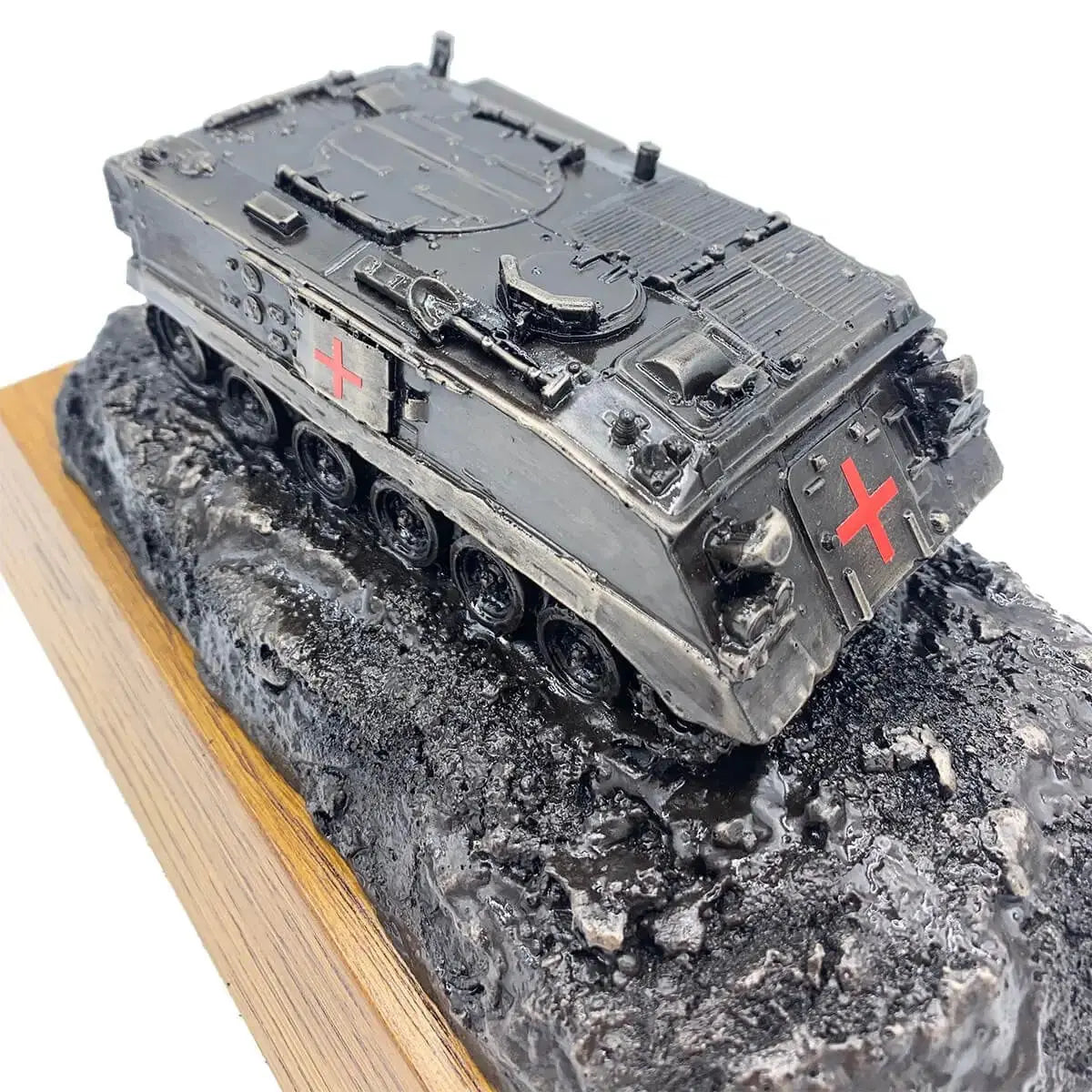 Angled close-up of 432 Ambulance Personnel Carrier Bronze Statue showing realistic surface textures and emergency markings.