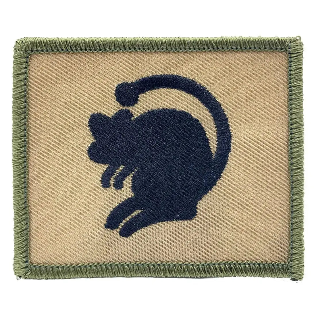Single 4th Armoured Brigade Hook and Loop TRF patch with a black rat emblem on a sand-colored fabric, bordered with green stitching.