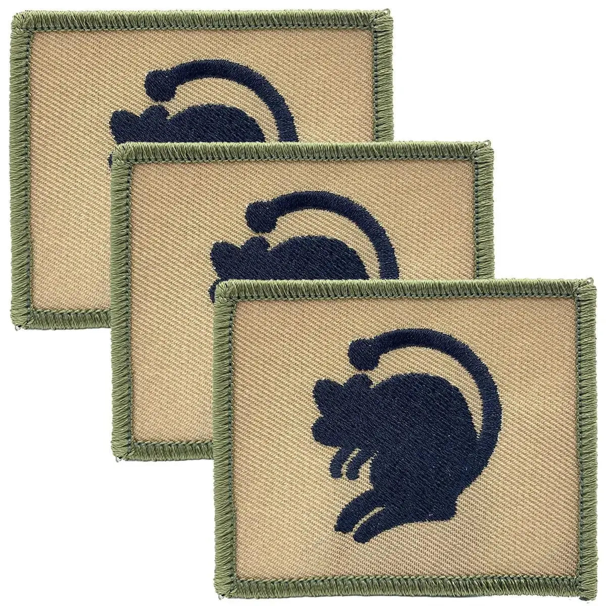 Set of three 4th Armoured Brigade Hook and Loop TRF patches featuring a black rat emblem on a sand-colored background with green edging.
