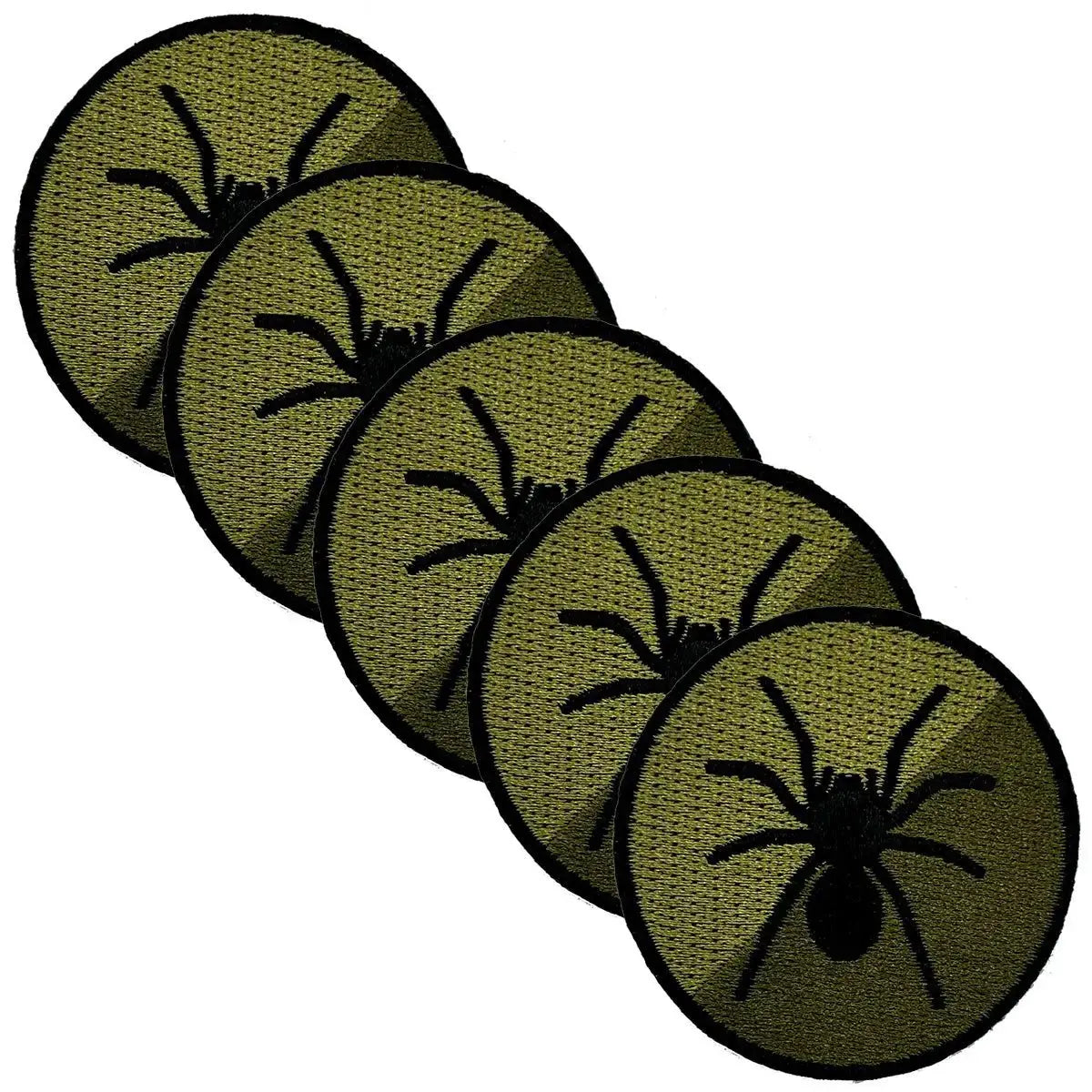 Set of five military tactical recognition flash patches with a black spider emblem on an olive green circular background, featuring hook & loop backing.