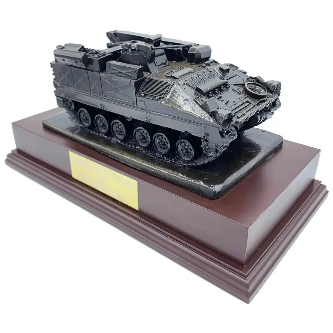 Angled view of 512 Recovery Vehicle Bronze Resin Statue | John Bulls on a polished wooden base with a nameplate, ideal for military decor.