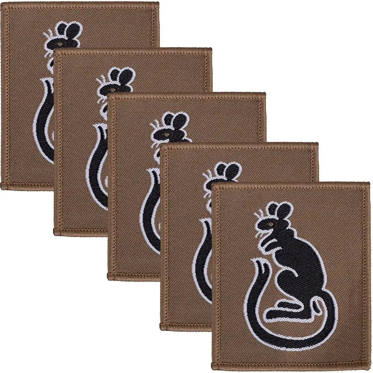Pack of five subdued green 7th Armoured Brigade Desert Rat TRF patches with black rat design, hook and loop backing for uniforms.