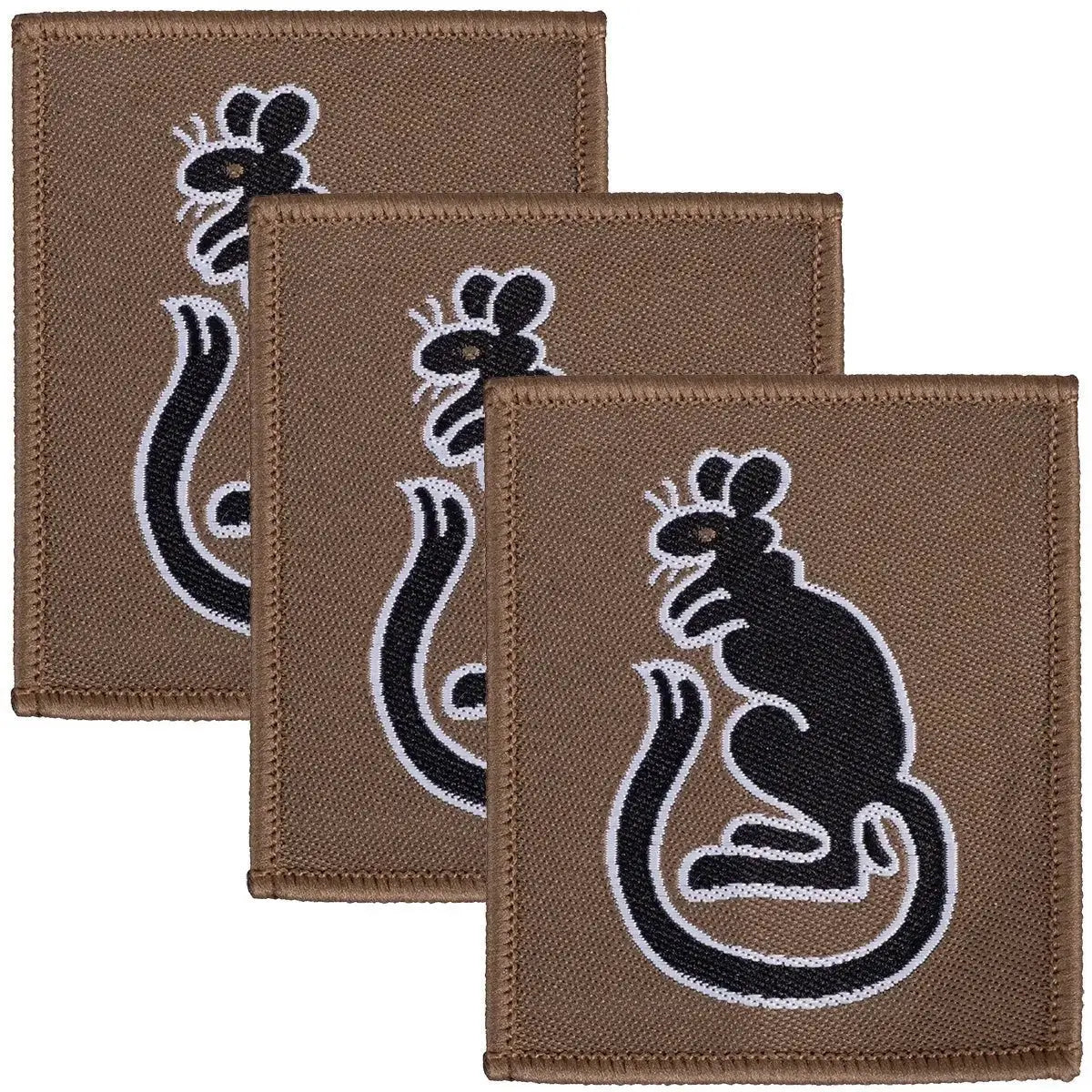 Set of three 7th Infantry Brigade TRF Desert Rats iron or sew-on patches in brown with black rat emblem, ideal for military uniforms.