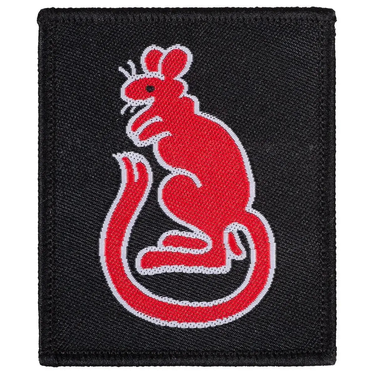 Single 7th Infantry Brigade TRF Desert Rats patch in black with red rat emblem, iron or sew-on flash for tactical military uniforms.