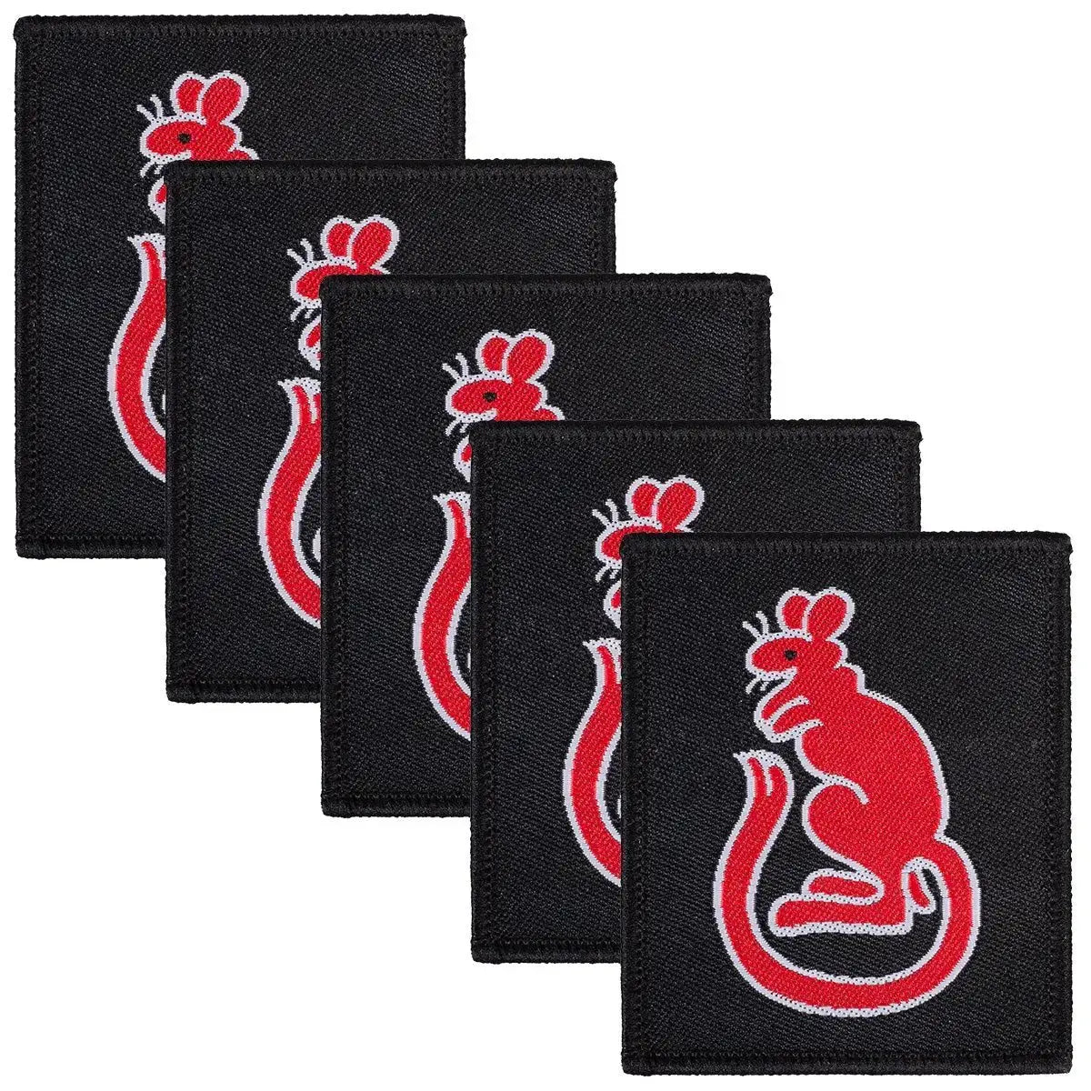 Set of five 7th Infantry Brigade TRF Desert Rats patches in black with red rat design, iron or sew-on for military uniform customization.