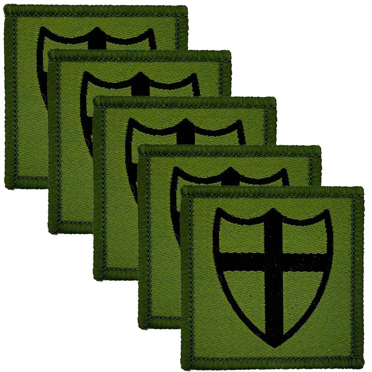 Pack of five 8th Force Engineer Brigade TRF Sew On Patches, green background with black shield design, perfect for uniform customization.