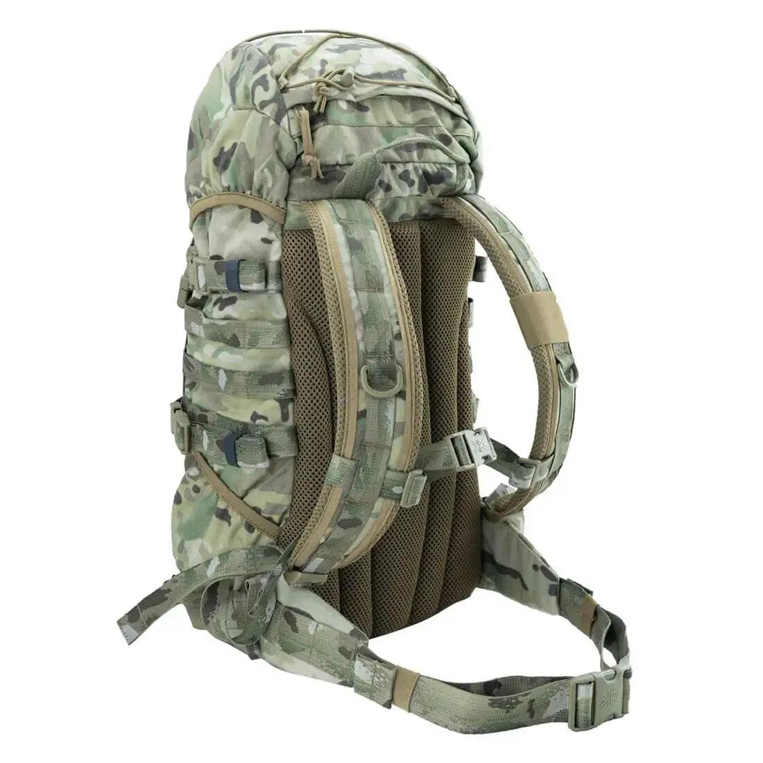 Backside of the Karrimor Predator 30 Litre Daysack in camouflage, highlighting ergonomic padding, adjustable straps, and MOLLE attachment points.
