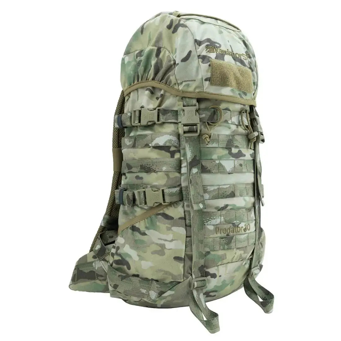 Side view of the Karrimor Predator 30 Litre Daysack in camouflage, featuring MOLLE webbing, compression straps, and a rugged outdoor design.