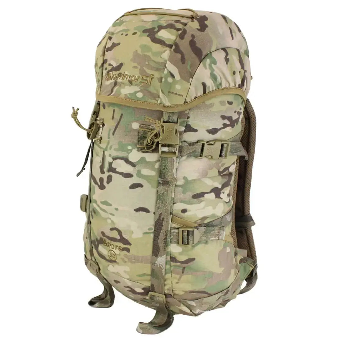 Karrimor SF Sabre 30 Rucksack in camouflage pattern, a 30L tactical backpack with reinforced stitching and multiple attachment points for gear organization.