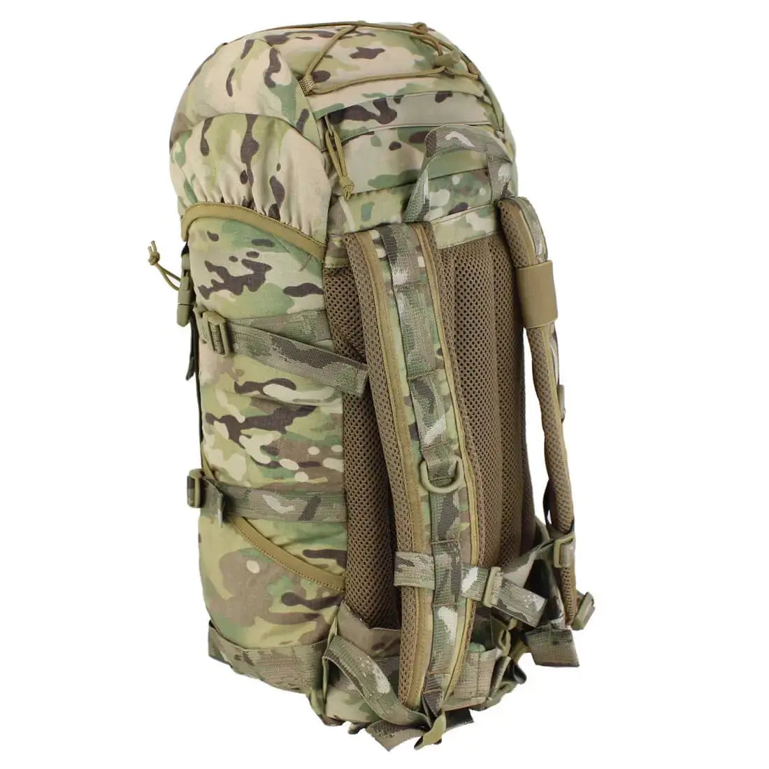 Rear view of Karrimor SF Sabre 30 Rucksack in camouflage, showcasing padded shoulder straps, breathable mesh back panel, and adjustable waist support.