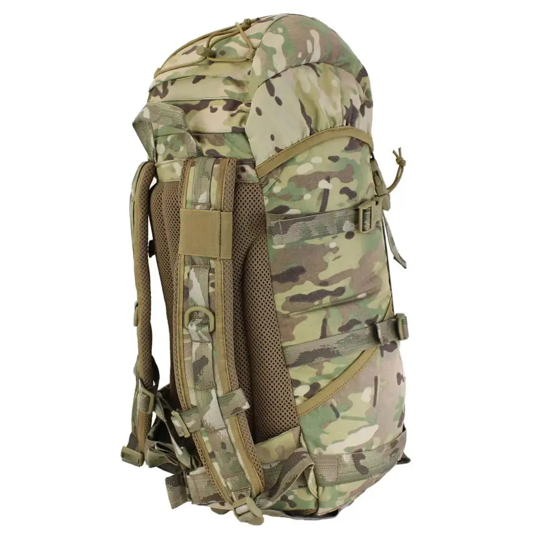 Side view of Karrimor SF Sabre 30 Rucksack in camouflage, highlighting compression straps, MOLLE webbing, and ergonomic design for outdoor expeditions.