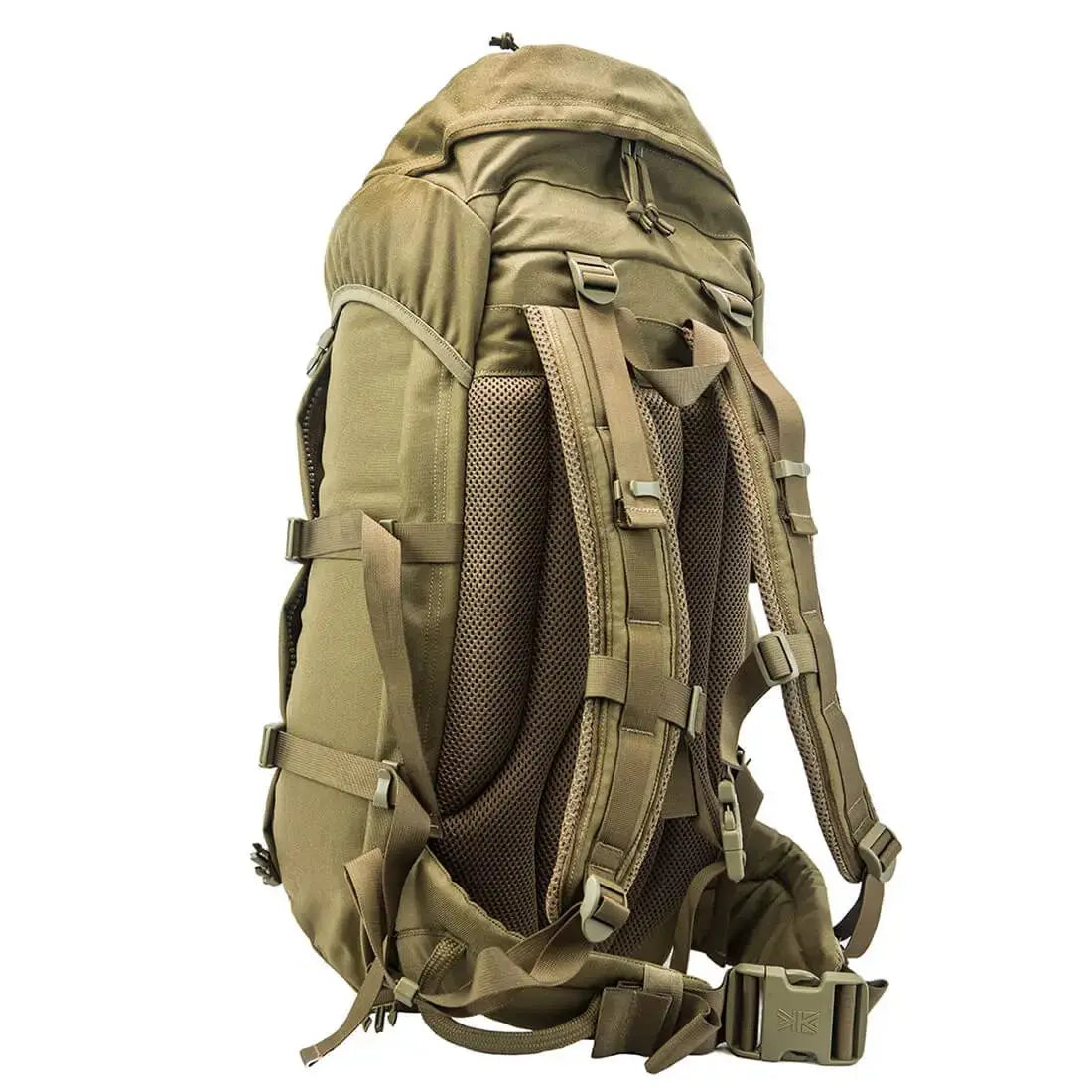 Rear view of Karrimor SF Sabre 45 PLCE Rucksack in coyote brown showing padded shoulder straps and ventilated back panel for comfort.