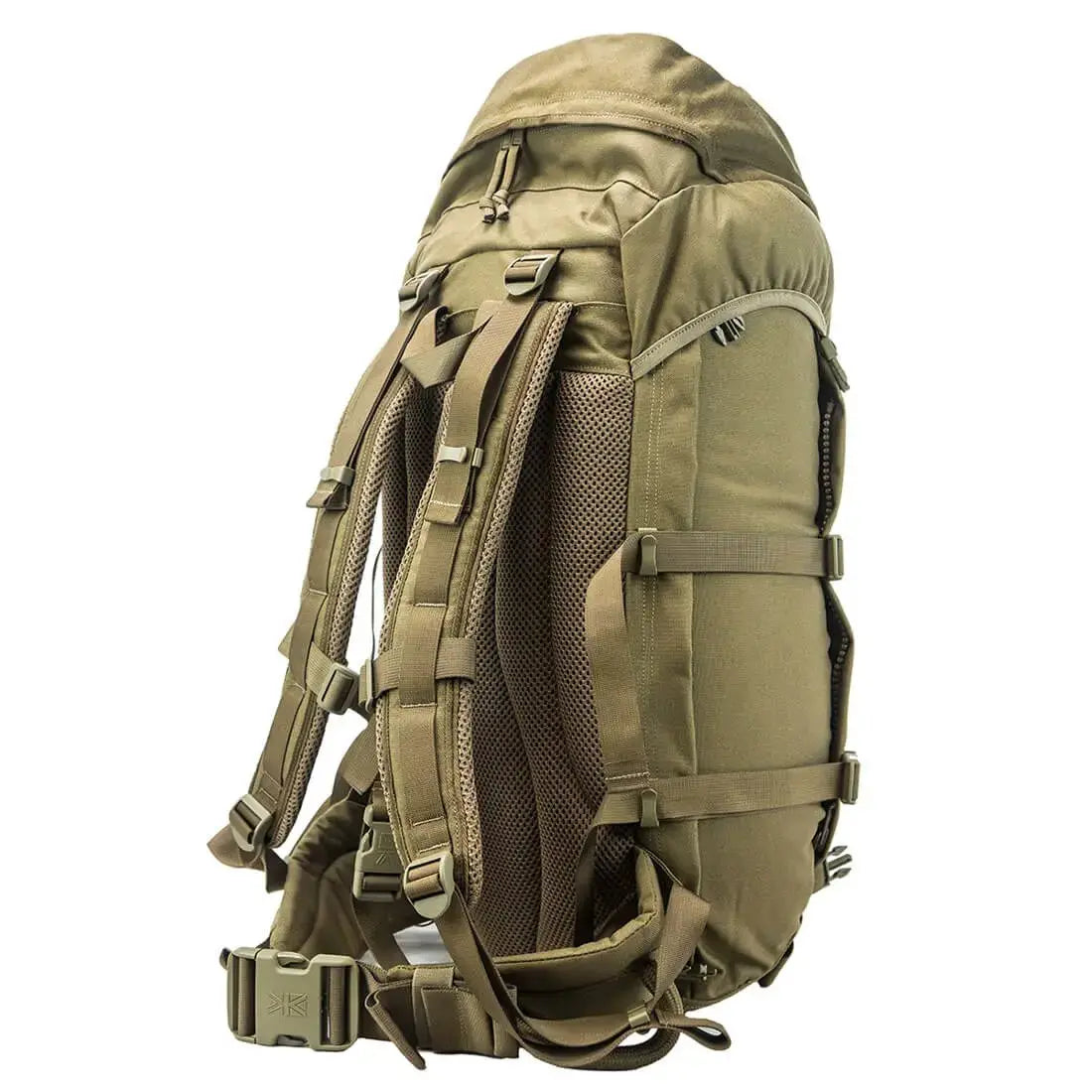 Side view of Karrimor SF Sabre 45 PLCE Rucksack in coyote brown highlighting ergonomic straps and durable 1000 denier nylon material.