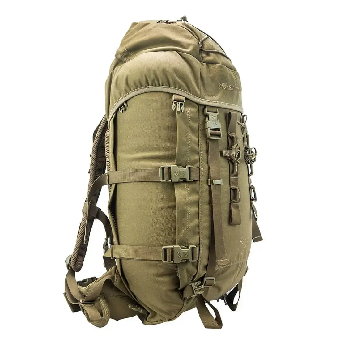 Left side profile of Karrimor SF Sabre 45 PLCE Rucksack in coyote brown with compression straps and MOLLE compatibility for modular gear.