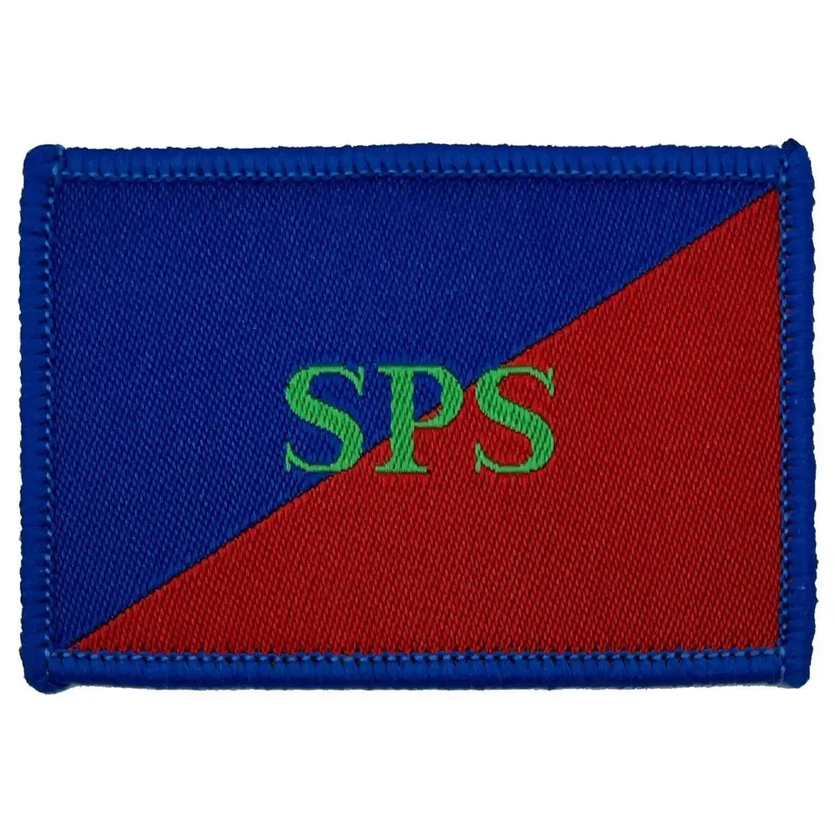 Single Adjutant Generals Corps SPS TRF patch with regulation red and blue background and green SPS lettering, 6x4cm in size.