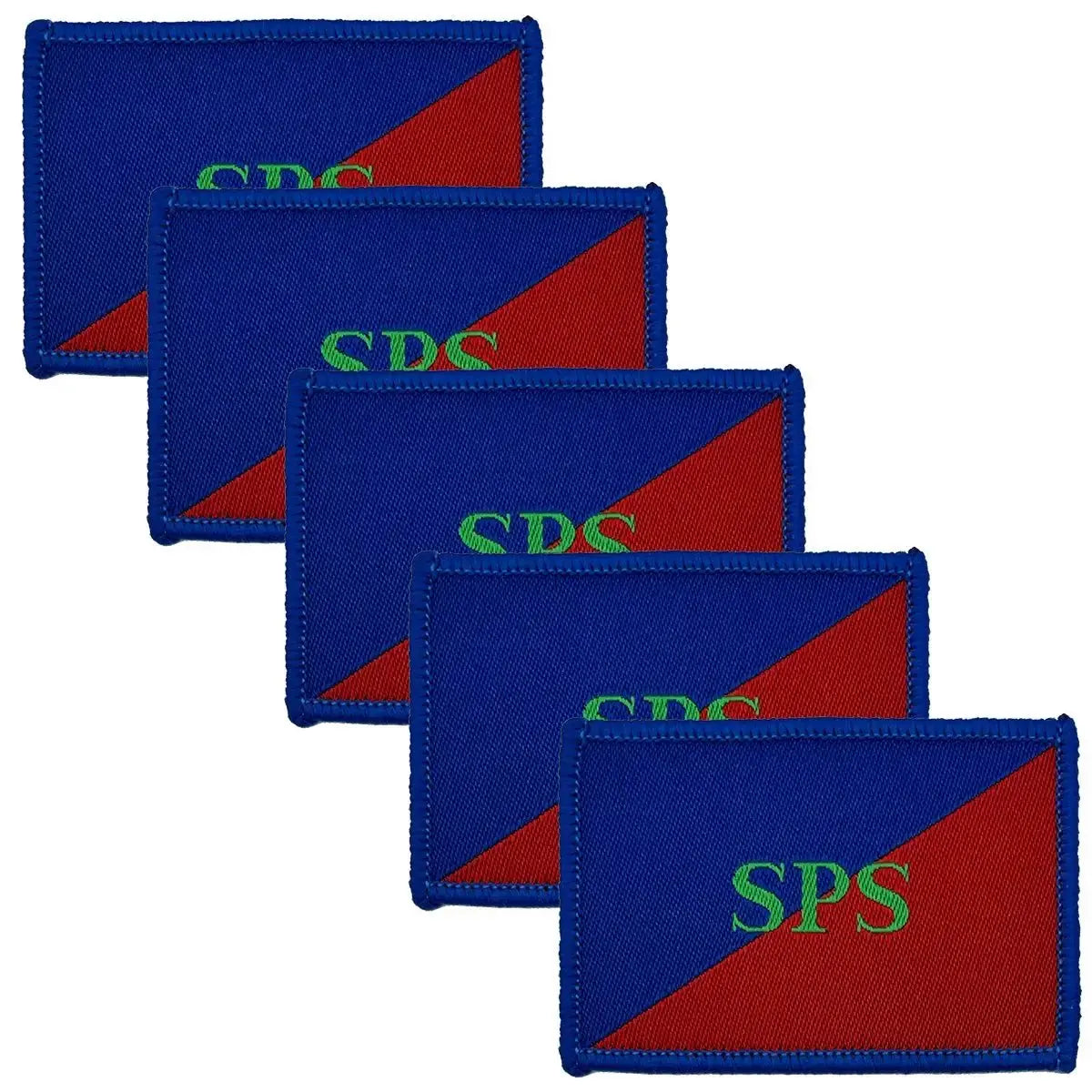 Pack of five Adjutant Generals Corps SPS TRF iron on patches featuring blue and red diagonal design with green SPS text for military apparel.