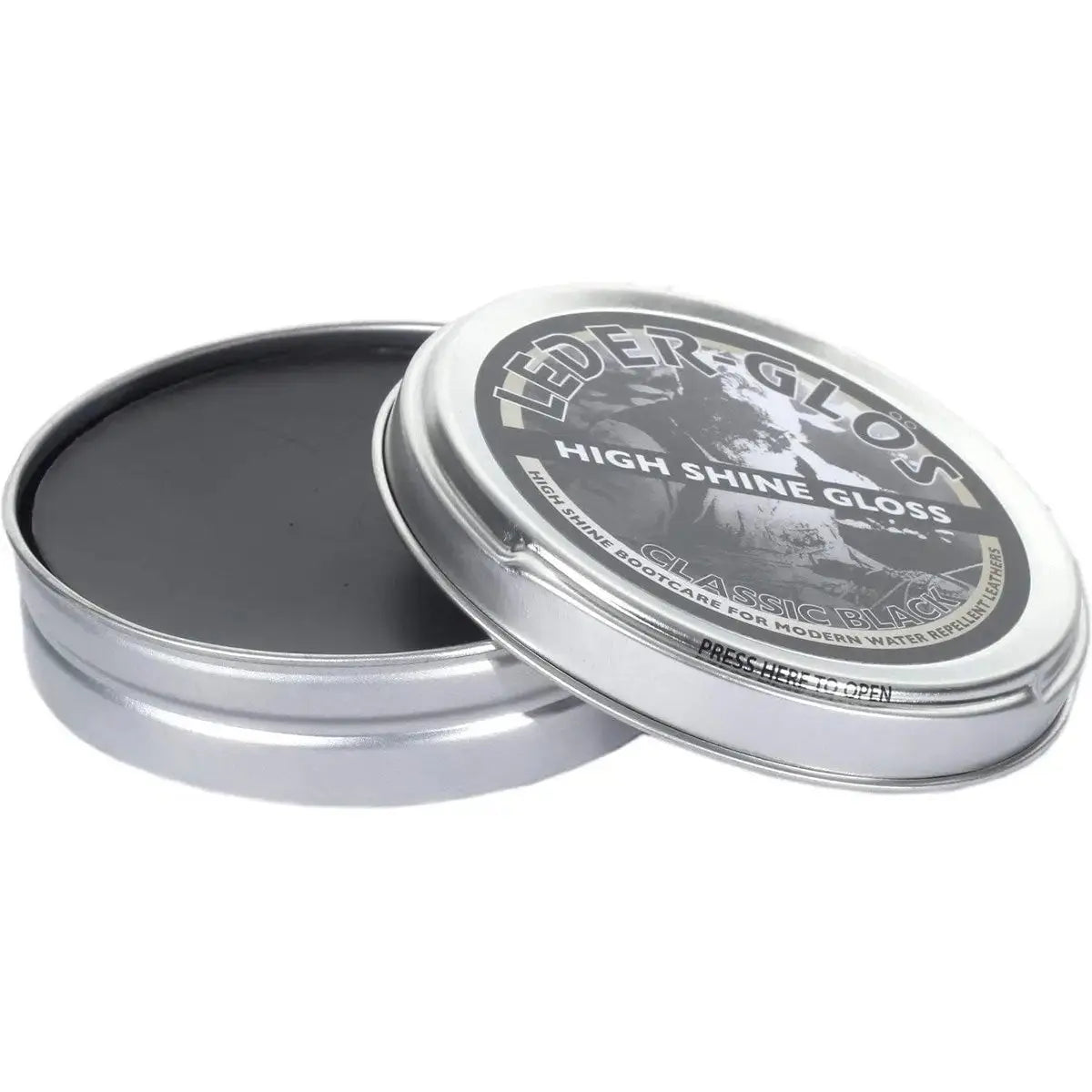 Open tin of Altberg Leder-Glos Classic Black high shine shoe polish, showing smooth black wax for polishing water repellent leather boots.