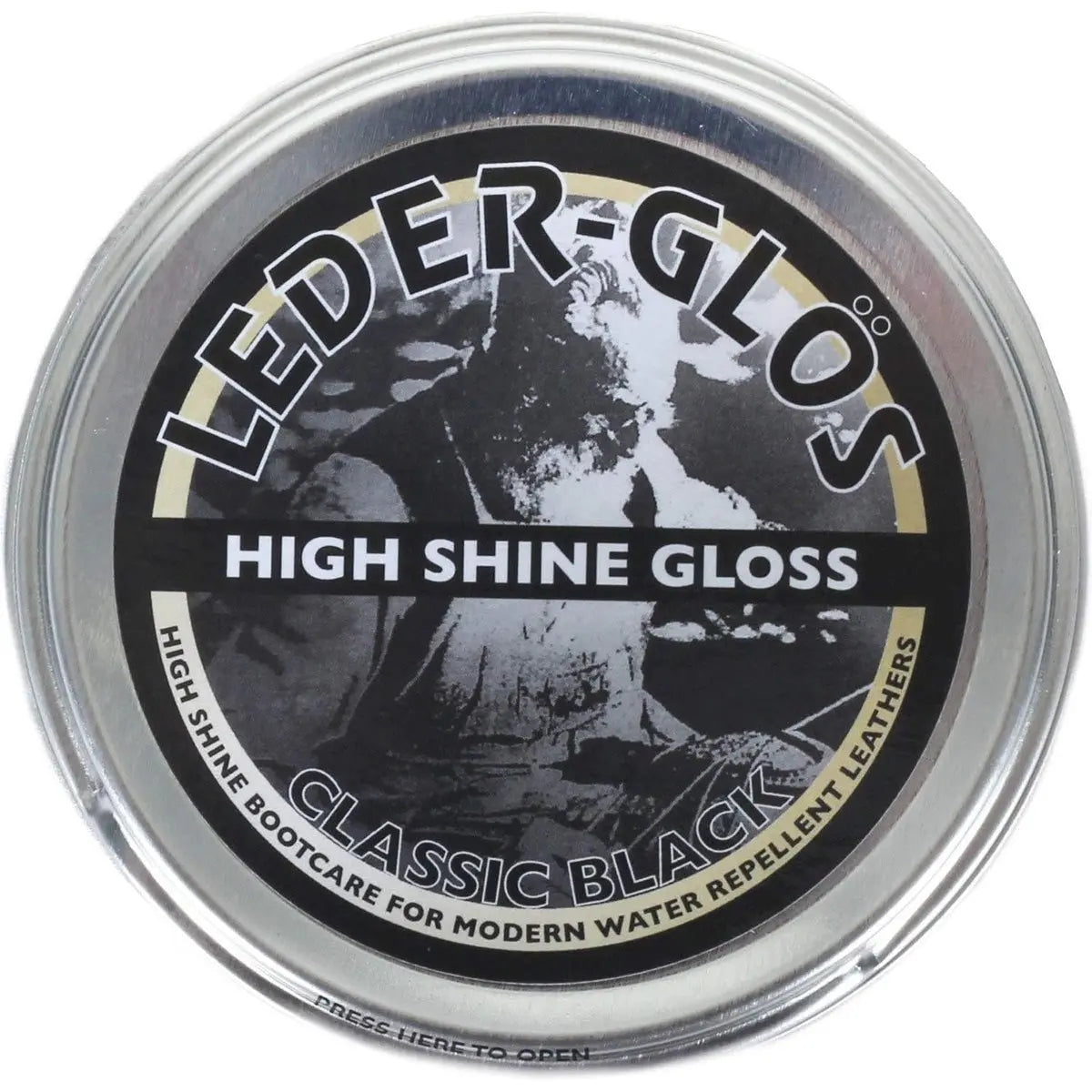 Altberg Leder-Glos Classic Black 100ml tin featuring high shine gloss polish for modern water repellent leather footwear and boot care.