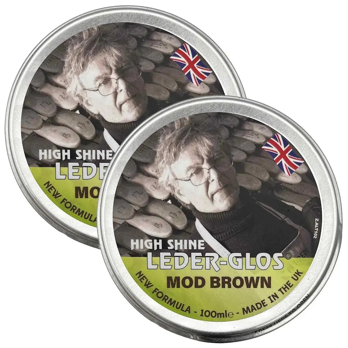 Twin pack of Altberg Leder-Glos Mod Brown high gloss polish tins, perfect for maintaining shine on parade boots and leather footwear.