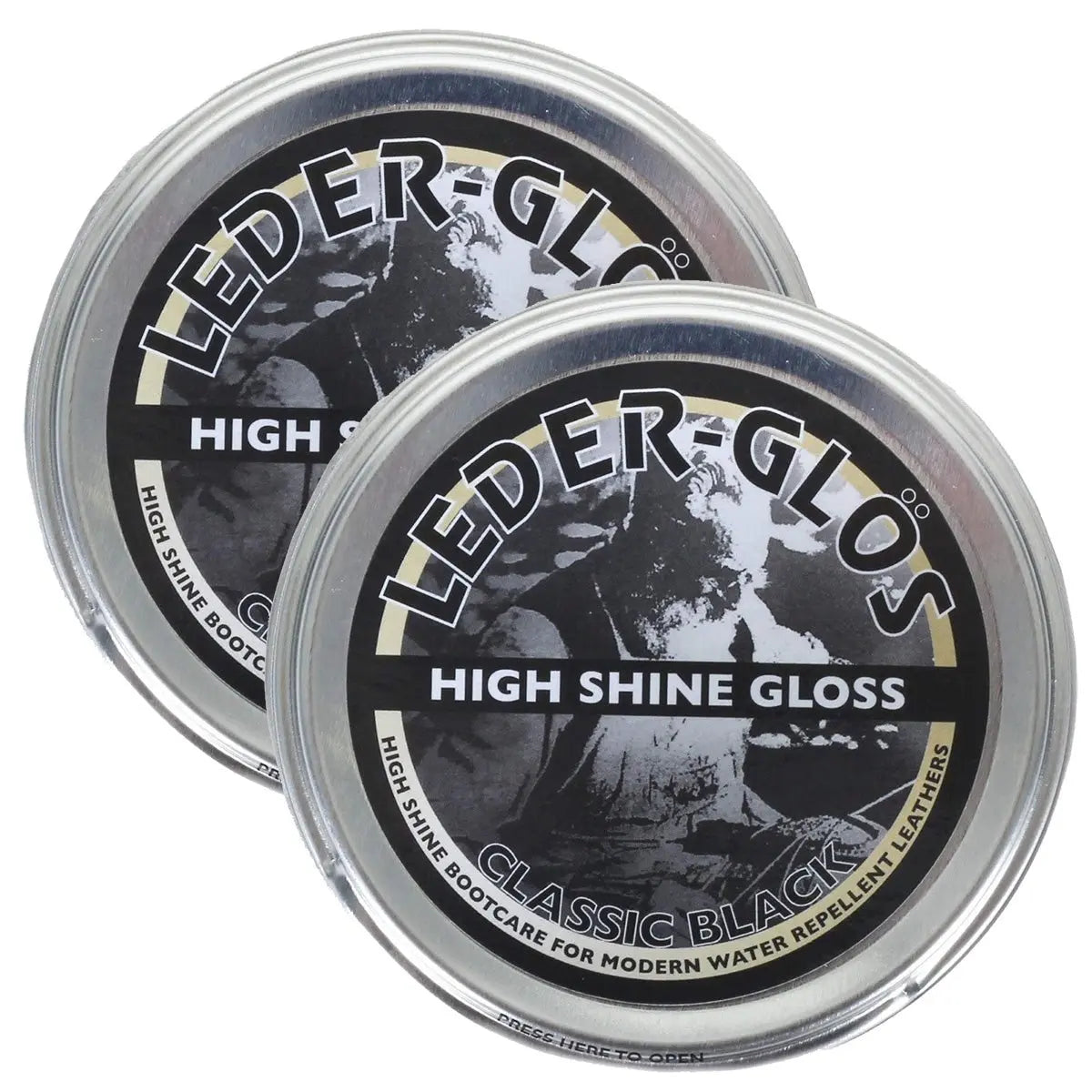 Twin pack of Altberg Leder-Glos Classic Black high shine polish tins, designed for water repellent leather boot care and long-lasting gloss.