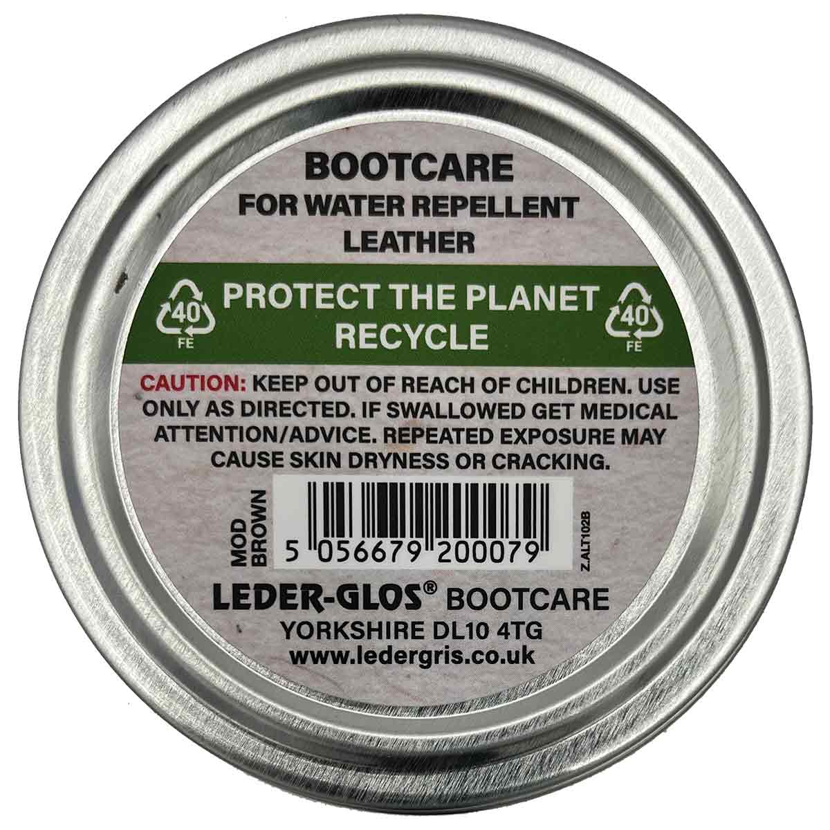 Back label of Altberg Leder-Glos Mod Brown shoe polish tin showing usage instructions, recycling info, and caution for leather boot care.