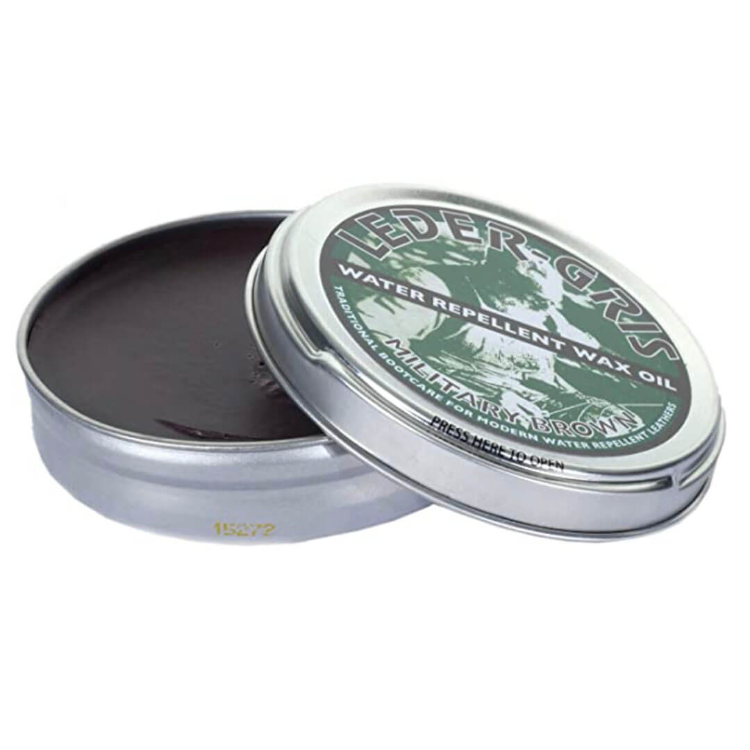 Leder-Gris brown water repellent wax oil tin from the Altberg Military Boot Care Kit, ideal for conditioning and protecting leather boots.
