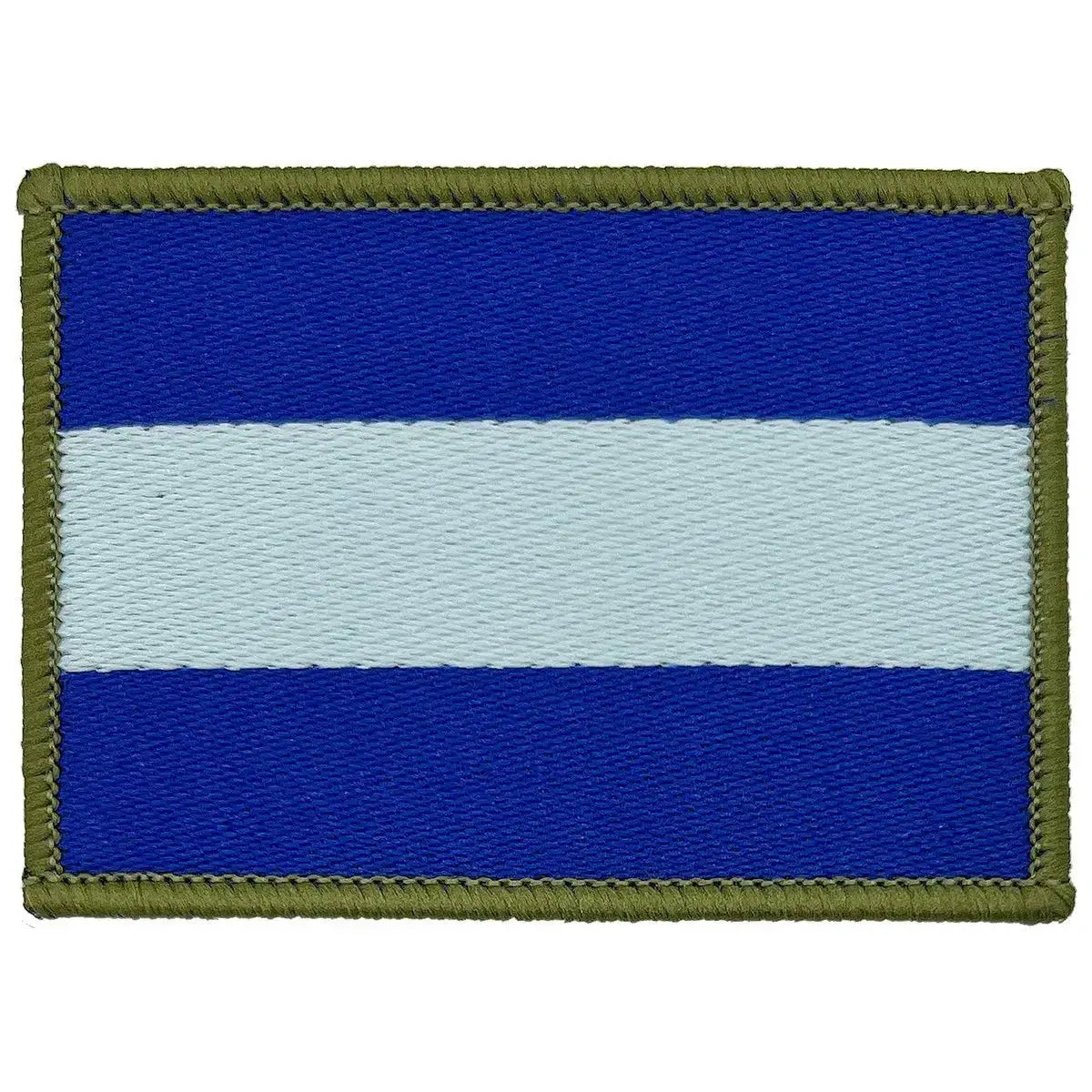 Single Army Air Corp TRF iron on patch featuring a blue and light blue striped design with olive green trim, suitable for Army Air Corps uniforms.