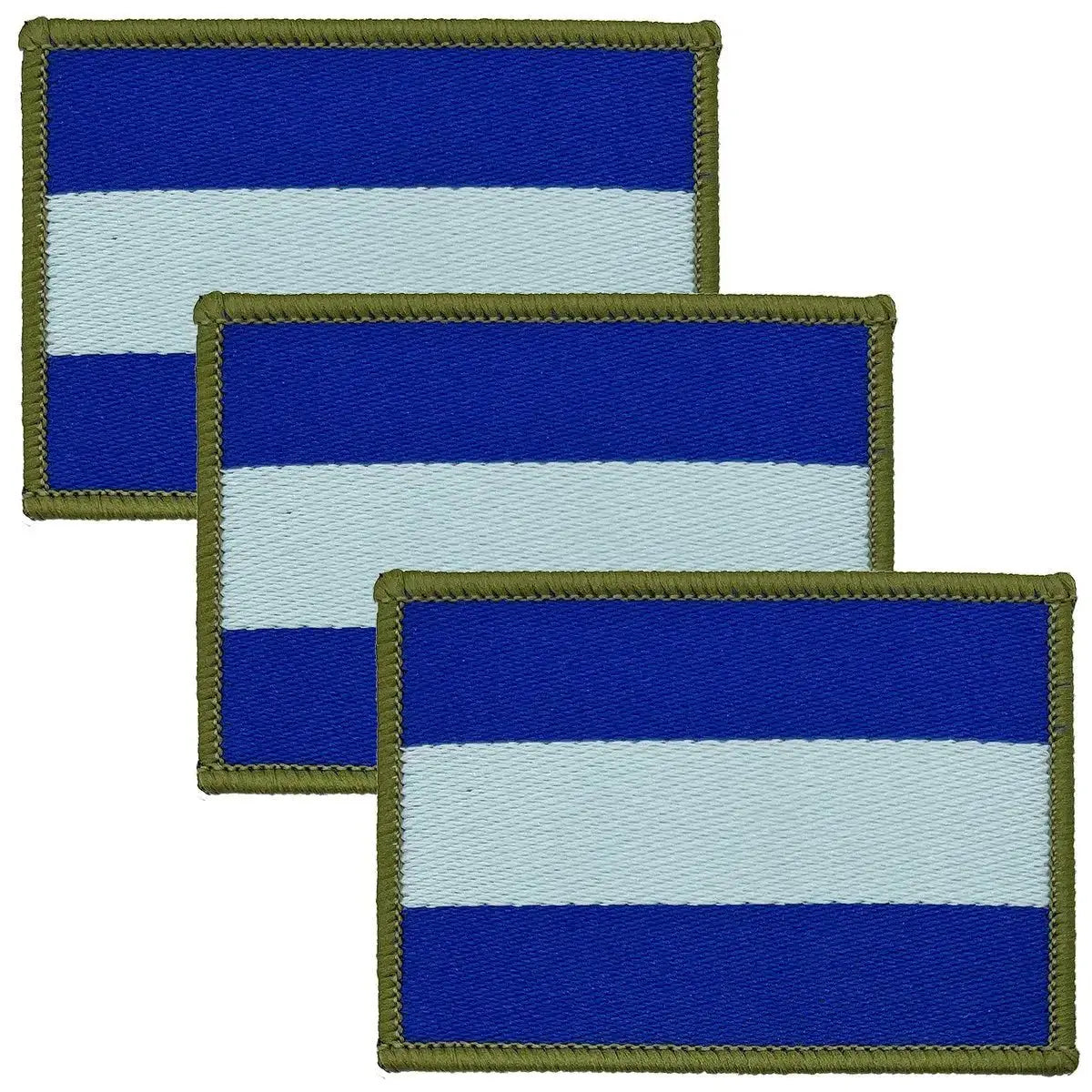 Set of three Army Air Corp TRF iron or sew on patches with blue and light blue horizontal stripes and olive green border, ideal for military uniforms.
