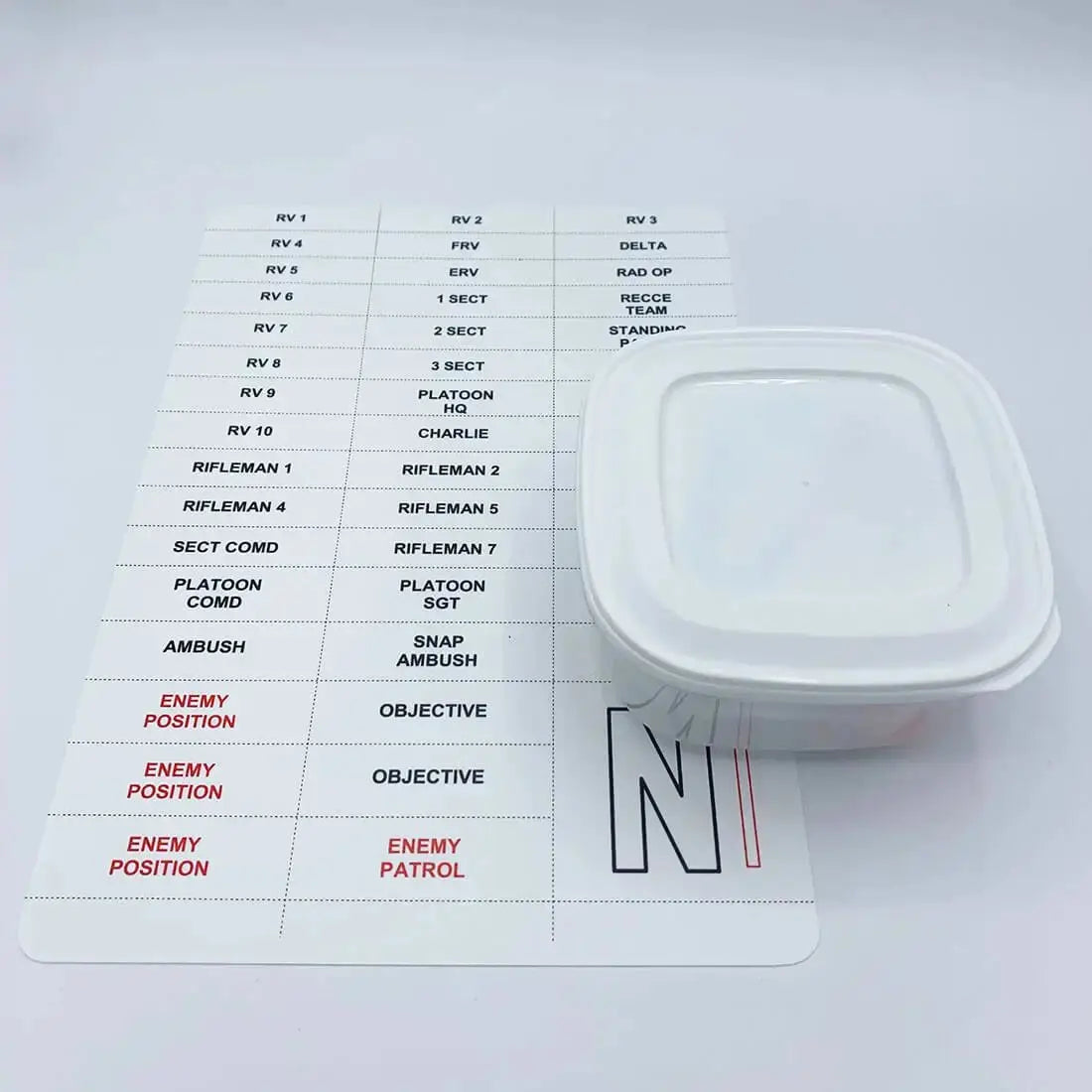 Army Commanders Orders Model Kit featuring laminated kit card with tactical labels and compact plastic storage box for field use.