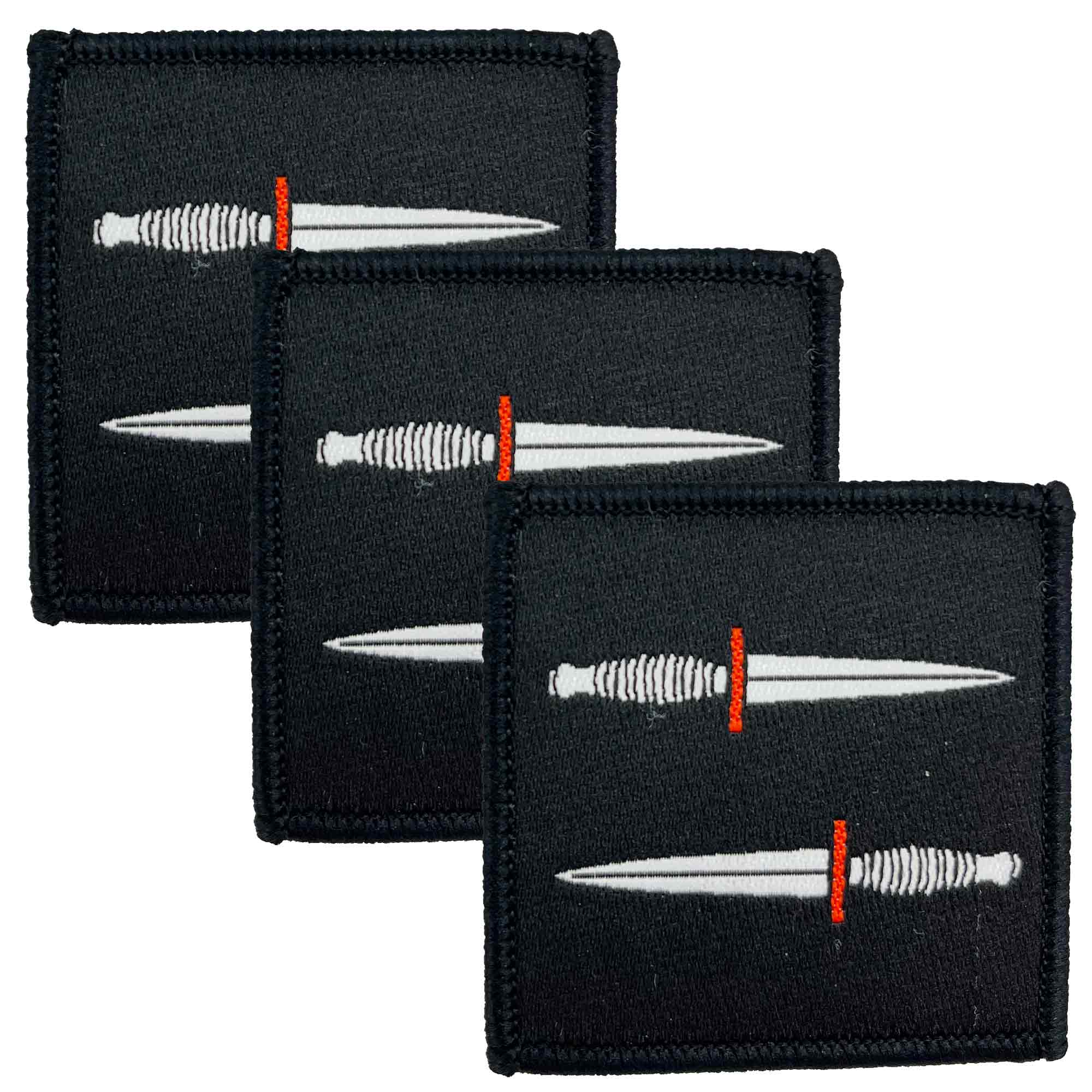 Set of three Army Special Operations Brigade ASOB Iron On TRF Flash patches featuring dual white daggers with red hilts on a black square background.