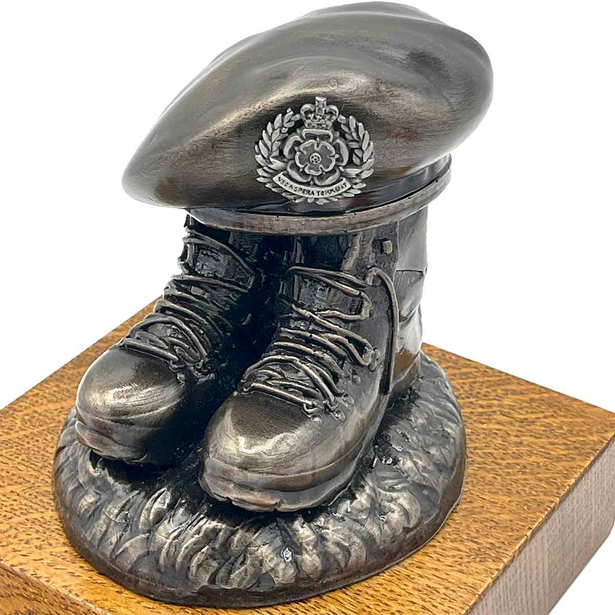 Close-up of Beret and Boots Statue Bronze Resin on Oak Base | John Bulls with custom cap badge, perfect for military tribute decor.