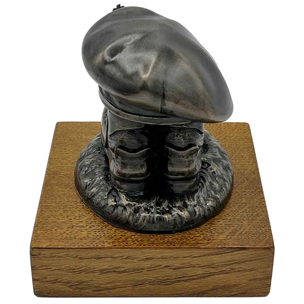 Rear view of Beret and Boots Statue Bronze Resin on Oak Base | John Bulls, highlighting beret shape and oak base craftsmanship.