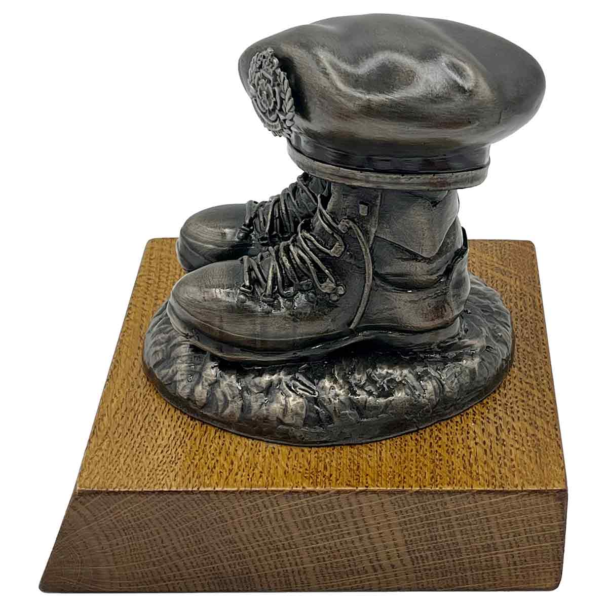 Side view of Beret and Boots Statue Bronze Resin on Oak Base | John Bulls, showcasing realistic boot texture and beret detail.