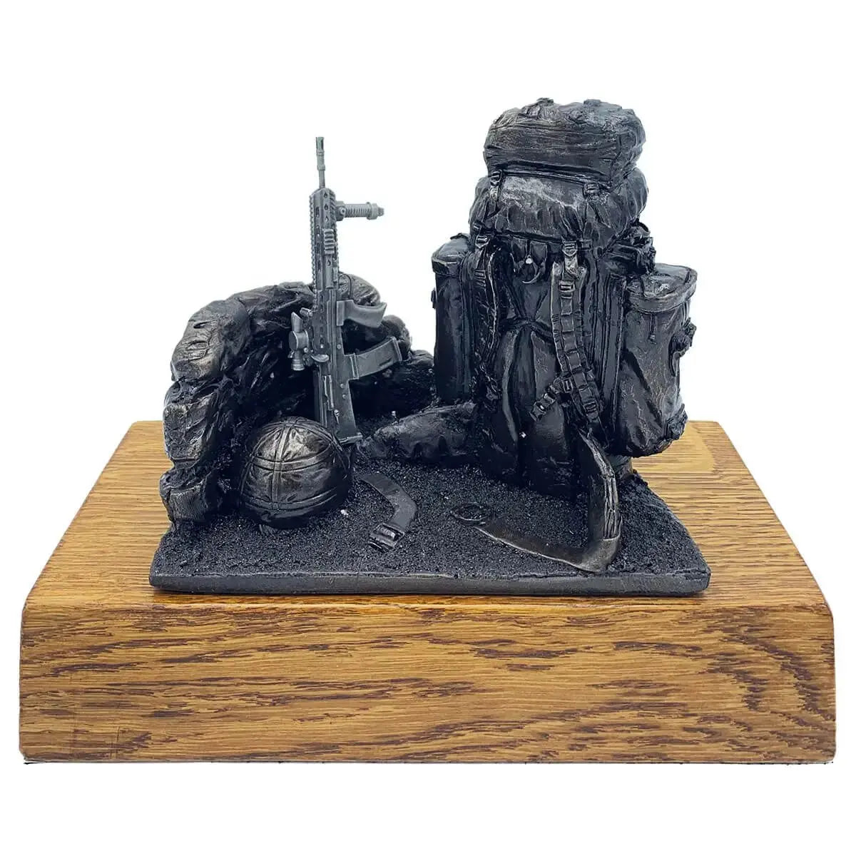 Bergen and SA80 bronze resin army presentation statue on oak base, featuring detailed military gear and rifle for home or office decor.