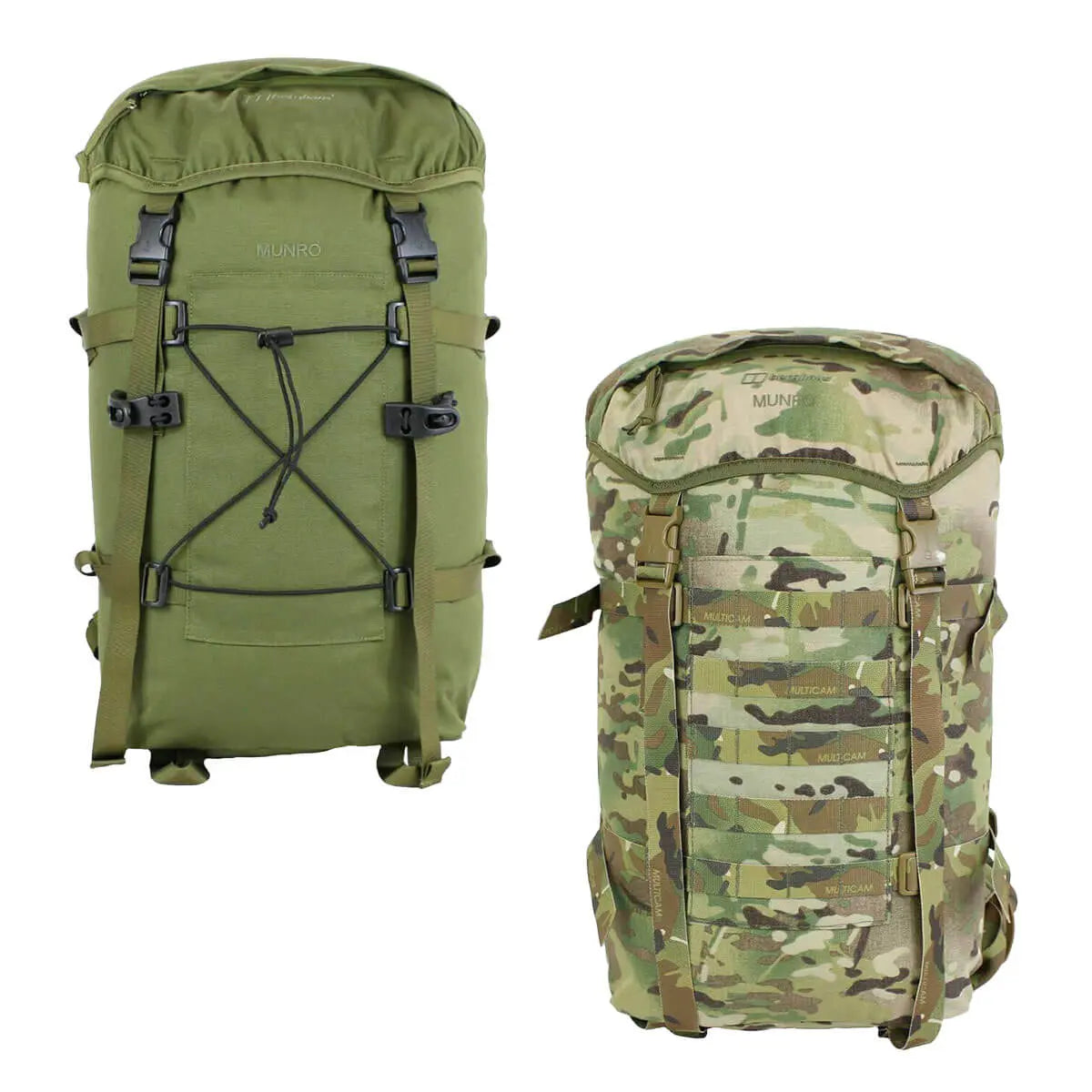 Berghaus Munro II IR Tactical Daysack in green and Multicam, 35L capacity, ideal for outdoor and tactical use. Available at John Bull Clothing.