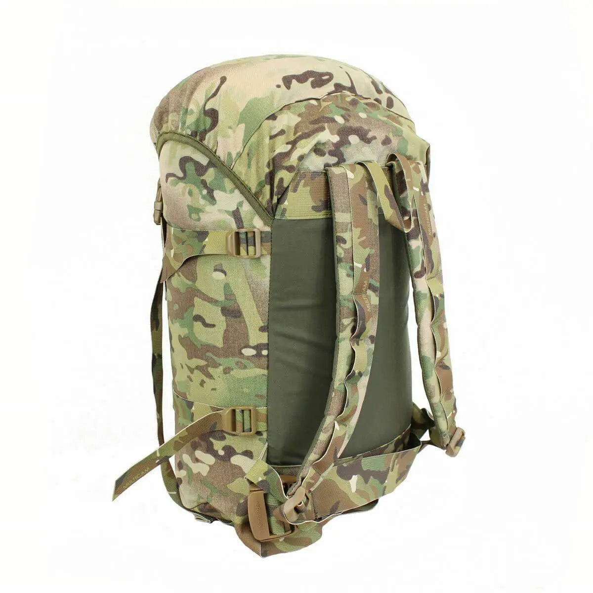 Side view of Multicam Berghaus Munro II IR Tactical Daysack showing reinforced stitching and padded back panel for support.