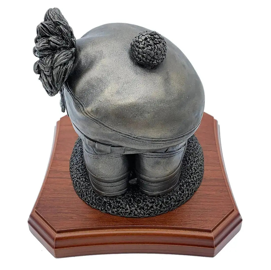 Rear angle of Boots and Tam O'Shanter Statue highlighting the textured Tam O'Shanter cap and boot details. Bronze resin army tribute for home or office.