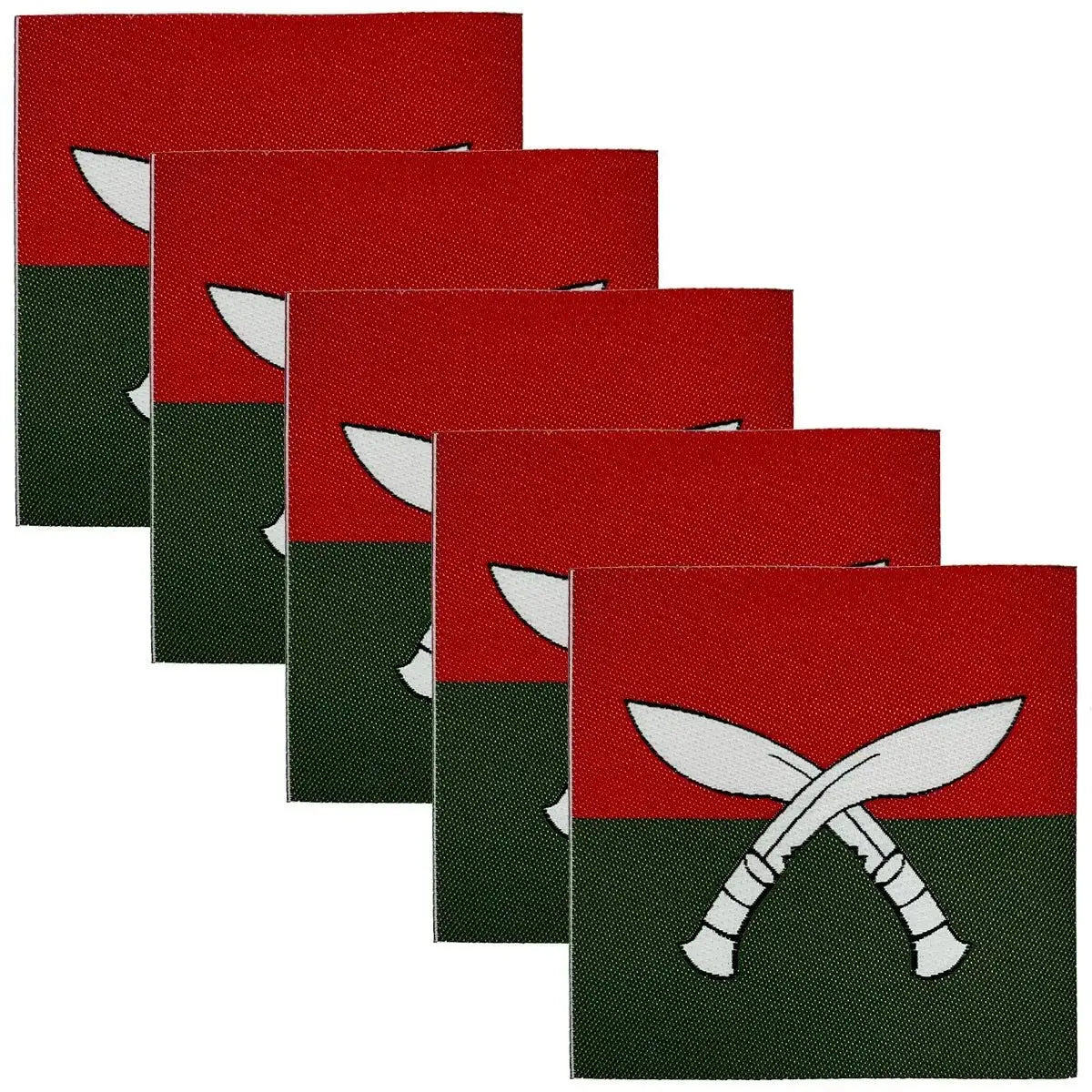 Set of 5 Brigade of Gurkhas Nepal TRF iron on patches with red and green base and crossed kukris, perfect for military apparel customization.
