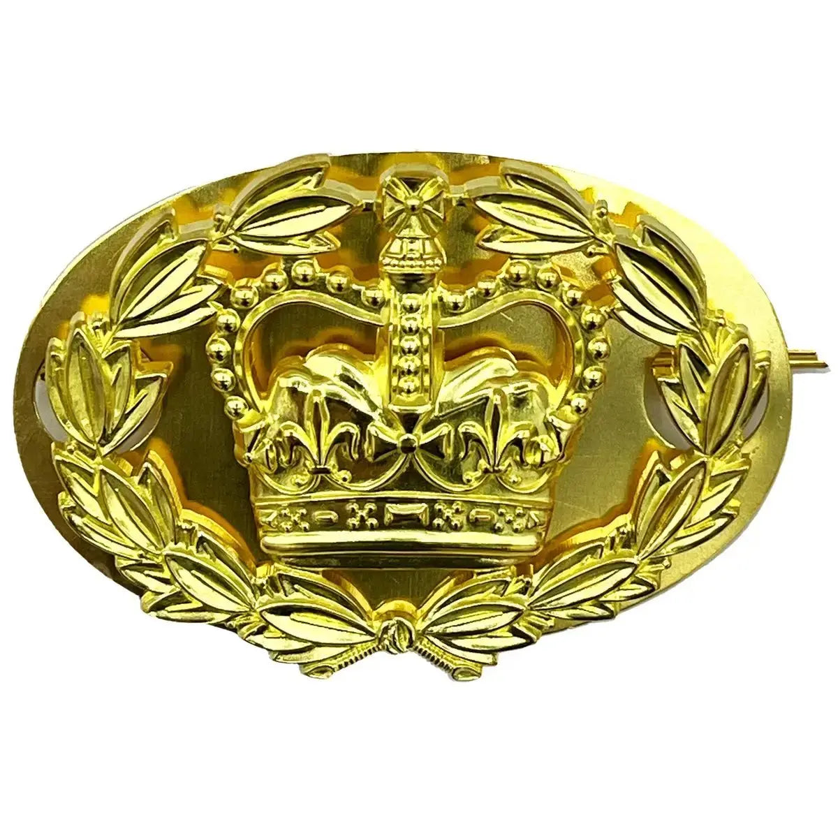 Polished brass British Army RQMS Crown and Laurel insignia, an essential rank accessory for military uniforms with a secure backing plate.