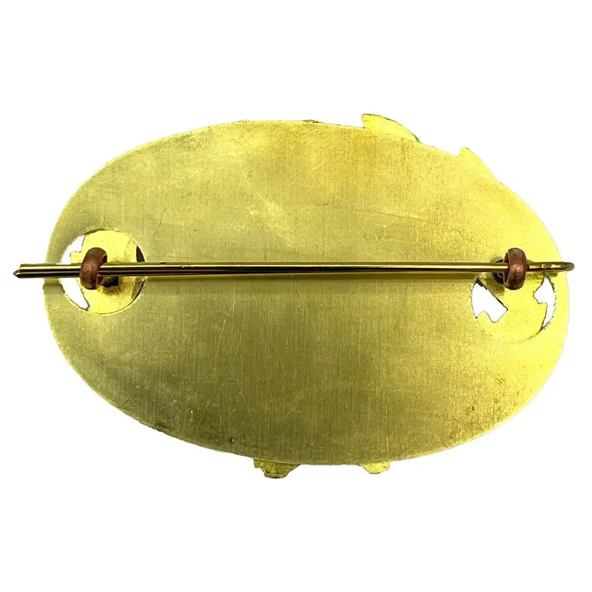 Rear view of the British Army Brass RQMS Crown insignia, showcasing the sturdy backing plate and pin fastening for secure attachment.