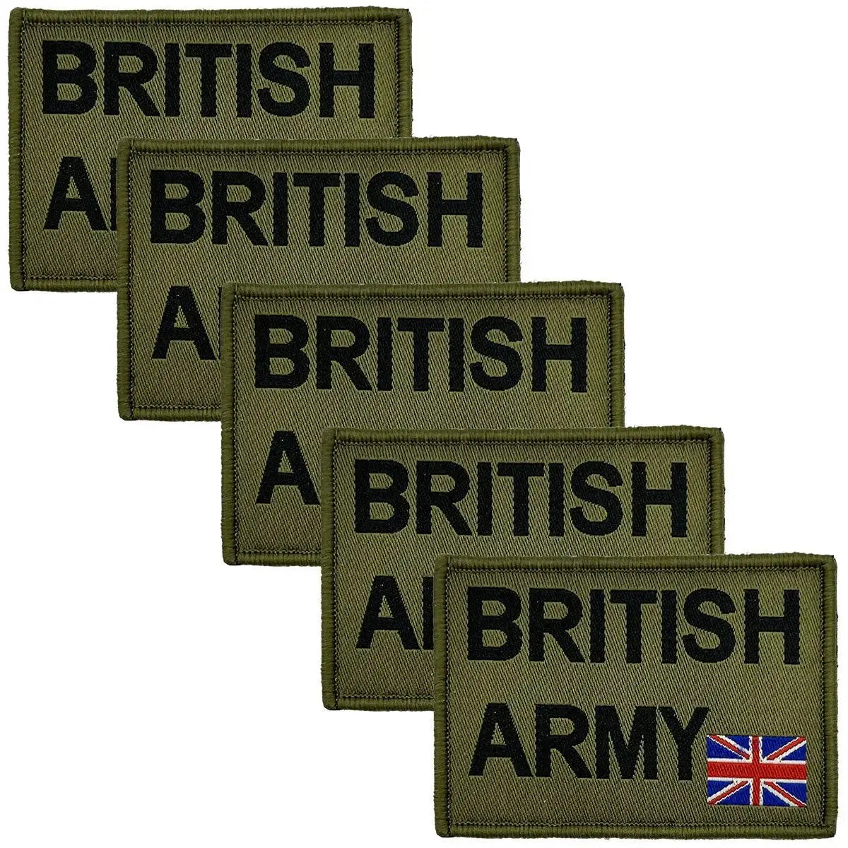 Pack of five British Army Patch Hook & Loop Backing patches with MoD approved colors, perfect for tactical military apparel.