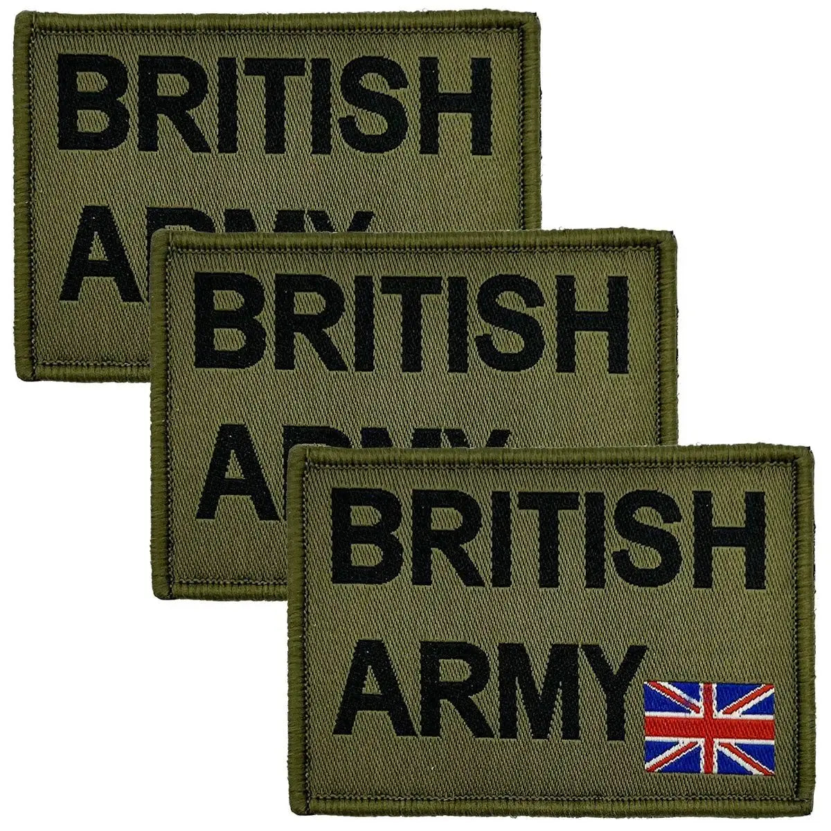 Set of three British Army Patch Hook & Loop Backing badges with olive green base and black text, ideal for military uniforms.