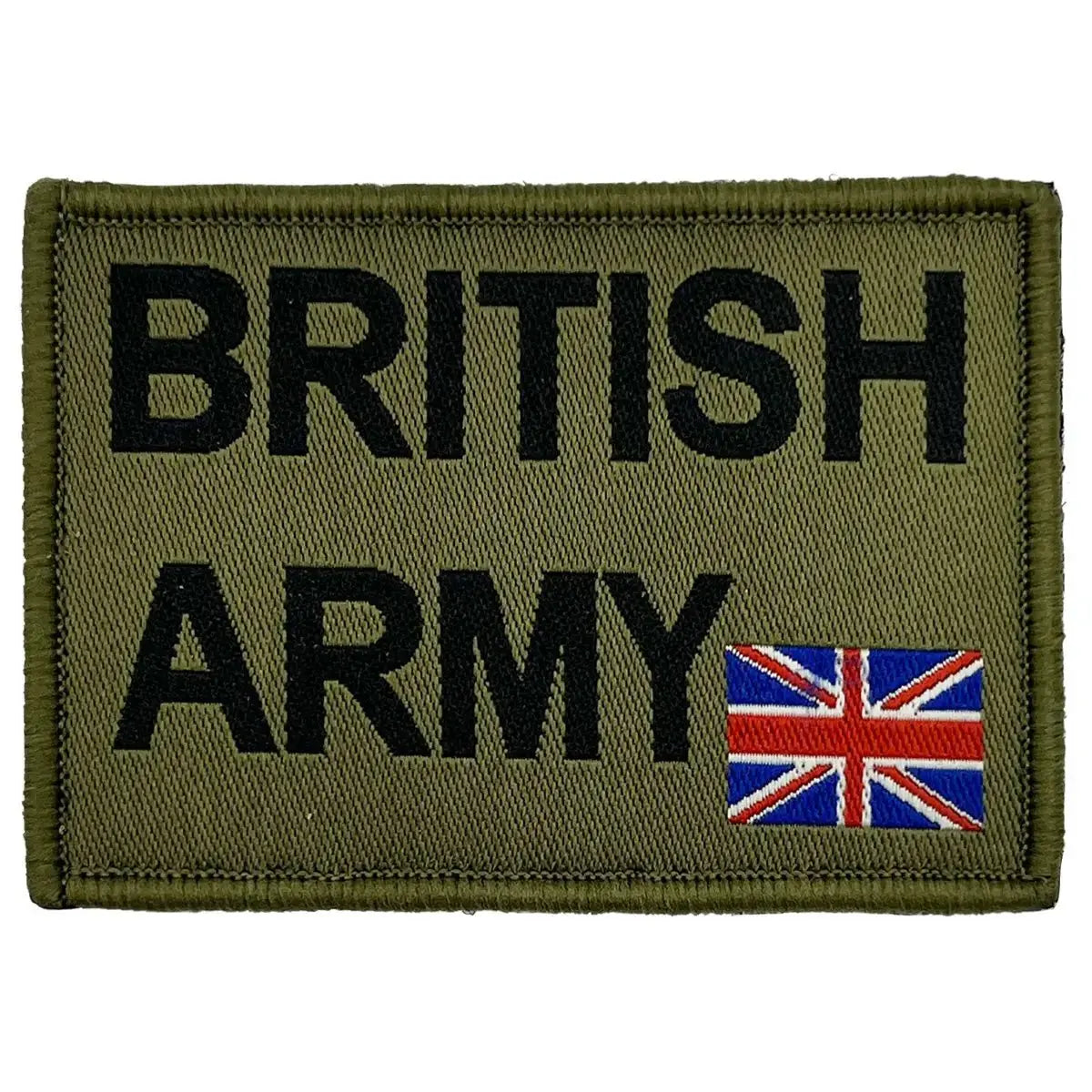 Close-up of British Army Patch Hook & Loop Backing featuring black 'British Army' text and Union Jack flag on olive green fabric.