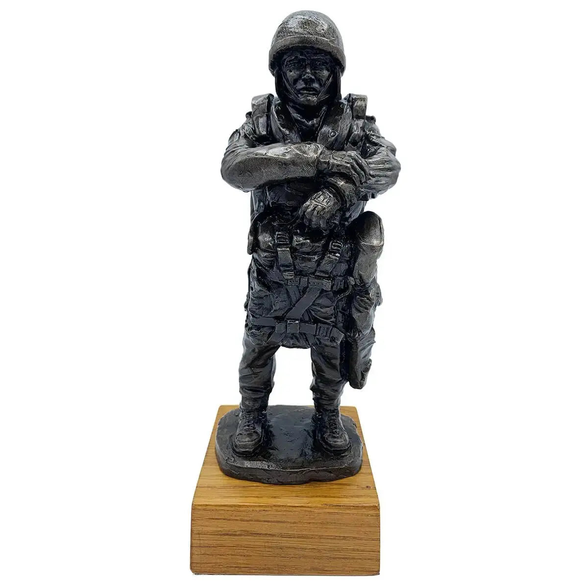 Bronze Resin Airborne Drop Order Statue of a paratrooper in full gear on solid oak base, ideal military decor from John Bull Clothing.