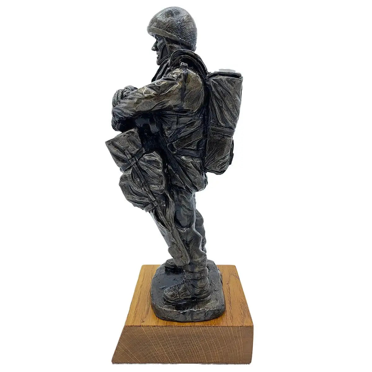 Side view of Bronze Resin Airborne Drop Order Statue showing detailed paratrooper equipment and oak base, perfect for army-themed displays.