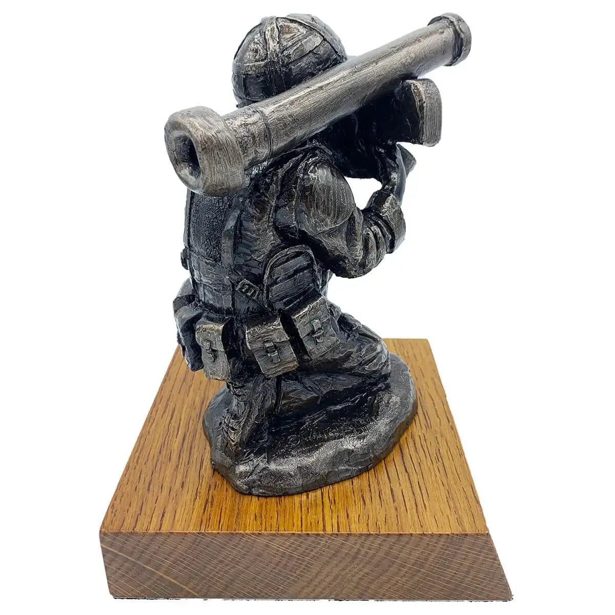 Angled back view of Bronze Resin Javelin Operator Military Statue with realistic gear and shoulder-mounted launcher, perfect for army sculpture collectors.